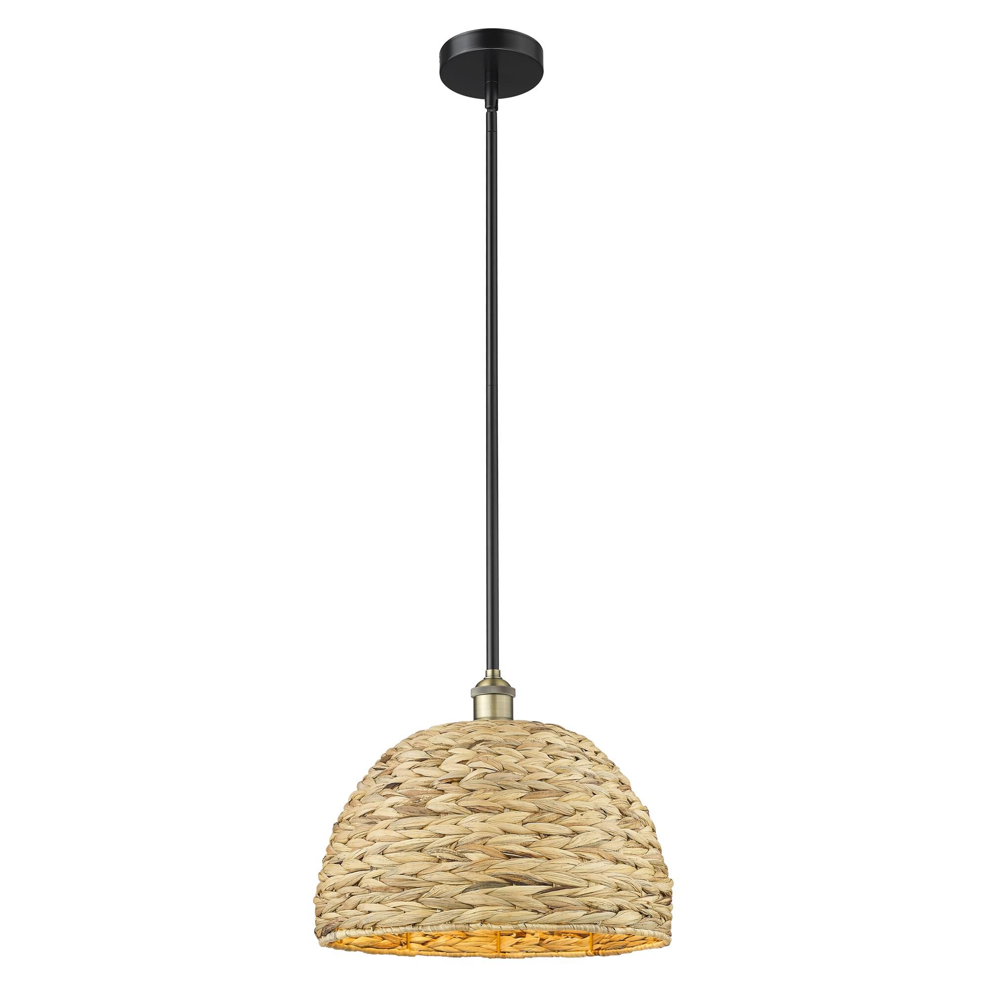 Shown in Black Antique Brass finish and Natural shade