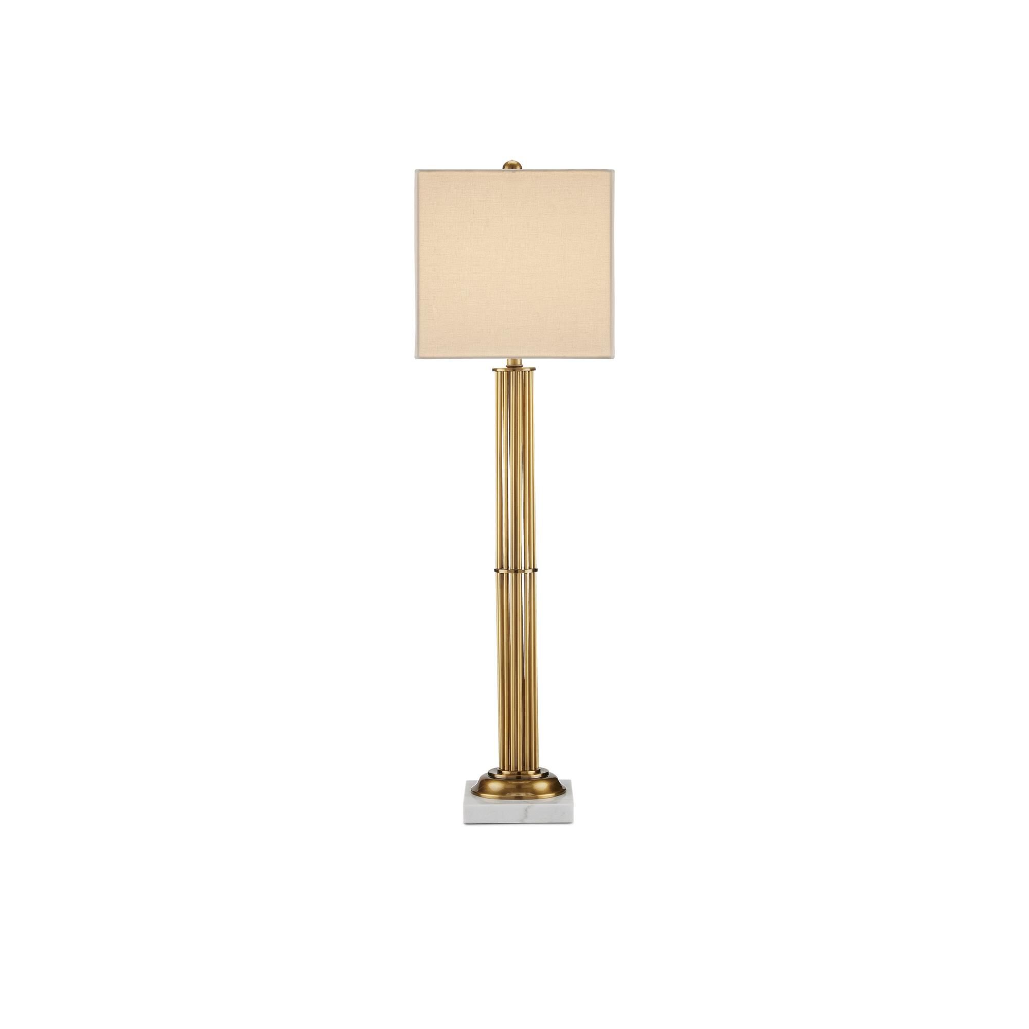 Shown in Antique Brass and White Marble finish and Bone Linen shade