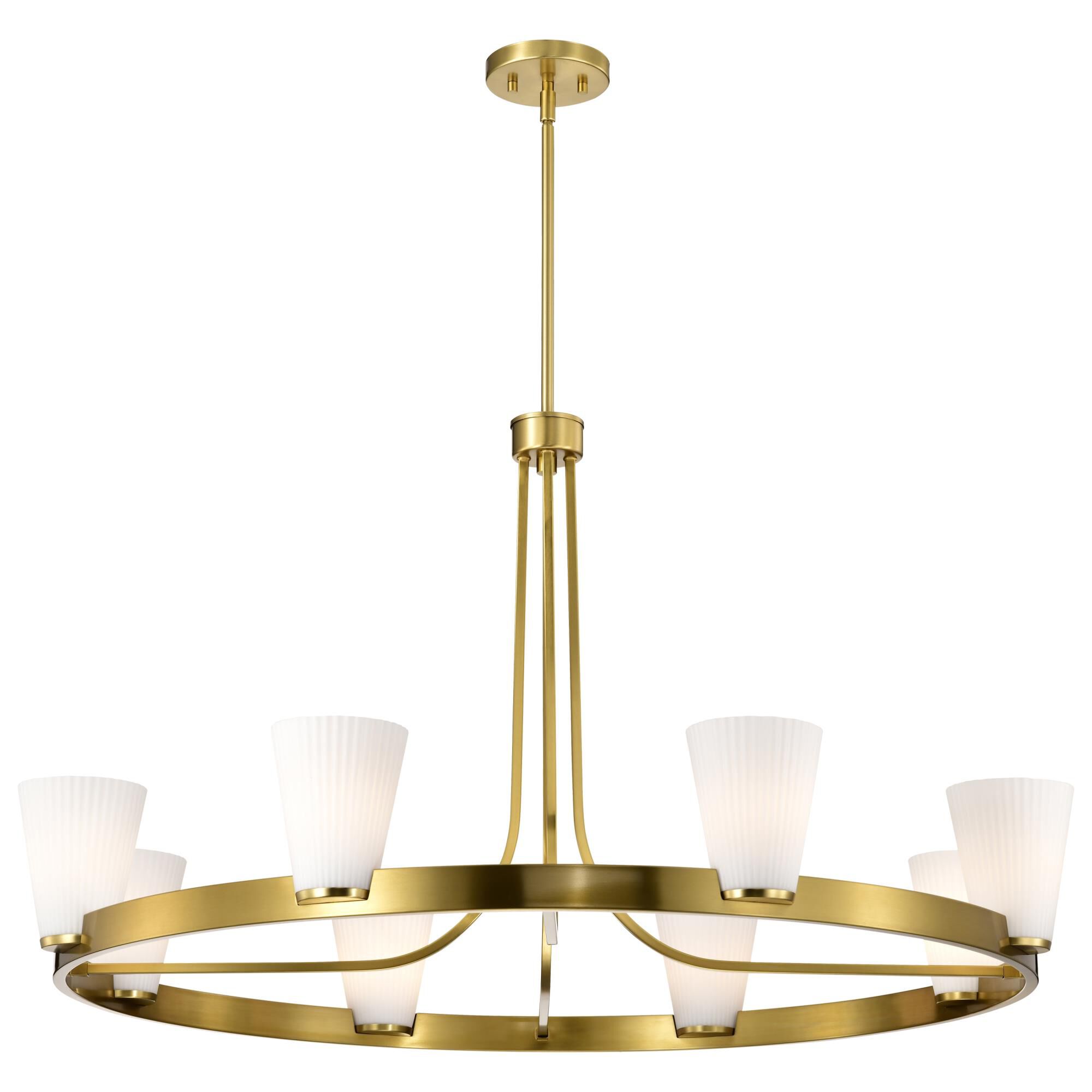 Shown in Burnished Brass finish and Ribbed White glass