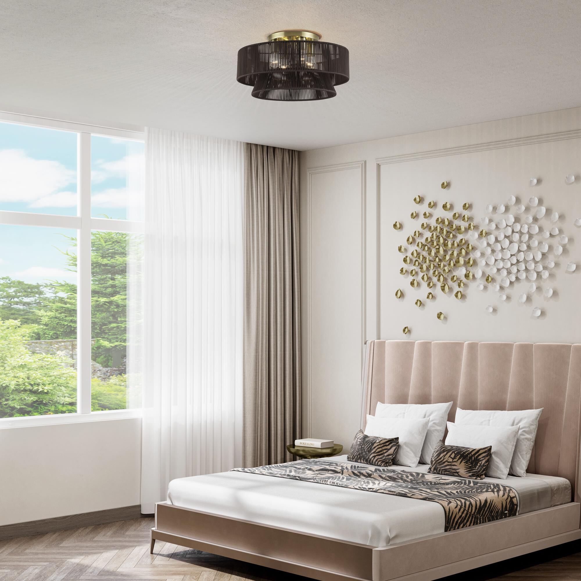 Shown in Antique Brass finish and Hand-Woven Dark Chocolate Color Polyester Rope shade