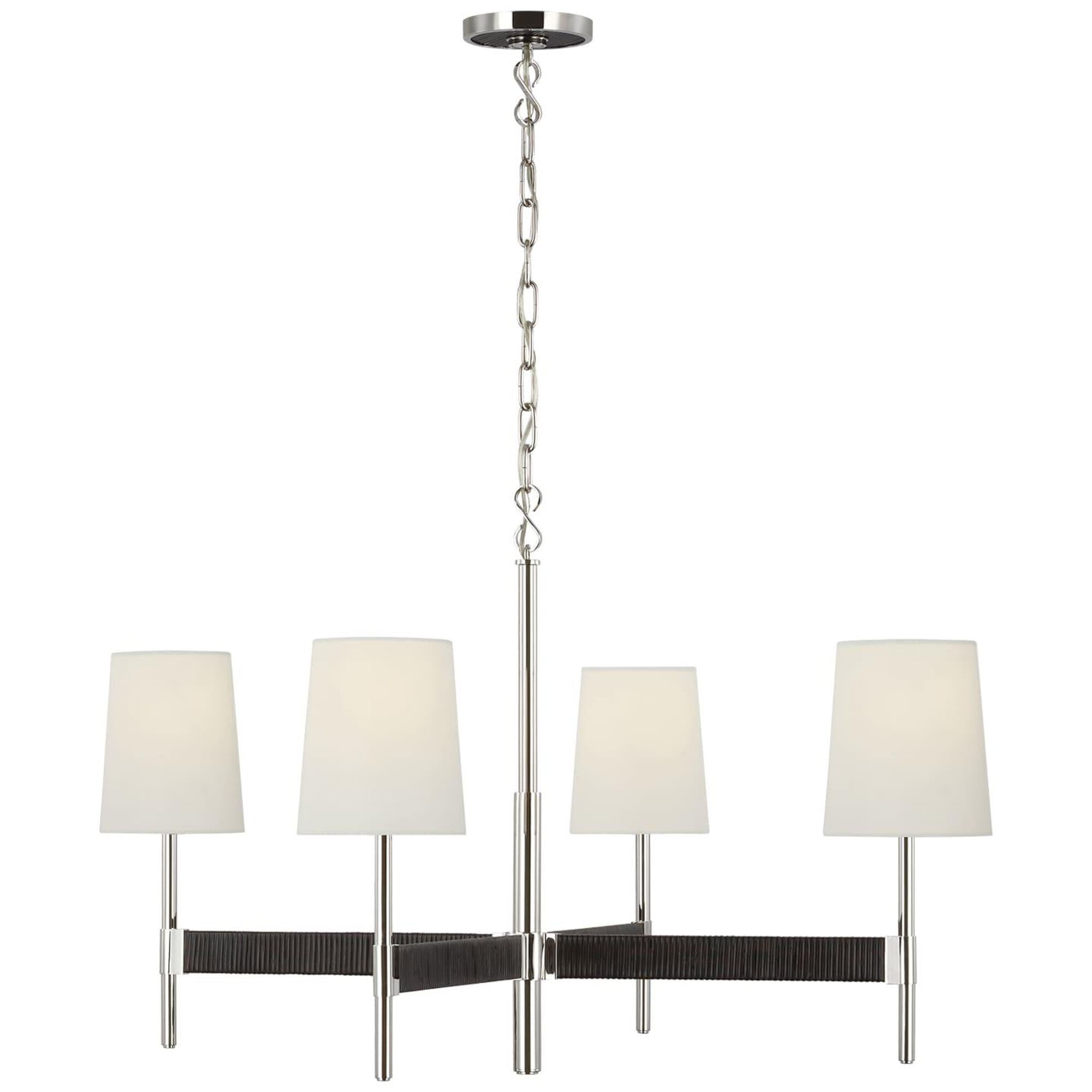 Shown in Polished Nickel and Black Rattan finish and Linen shade