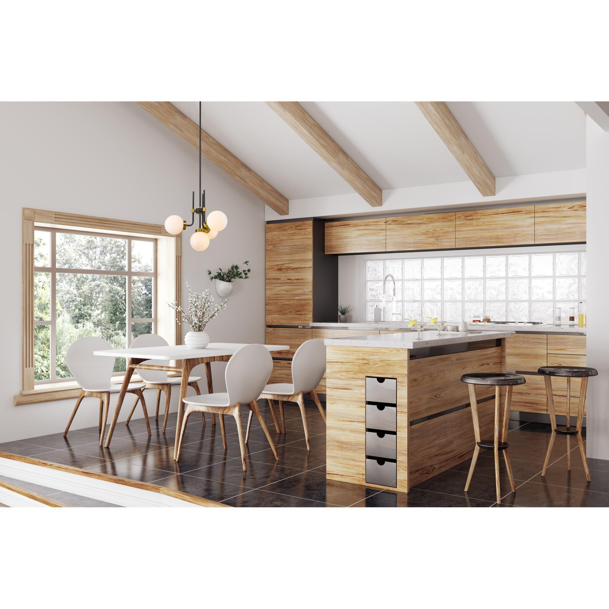 Shown in Matte Black + Olde Brass finish and Glass shade