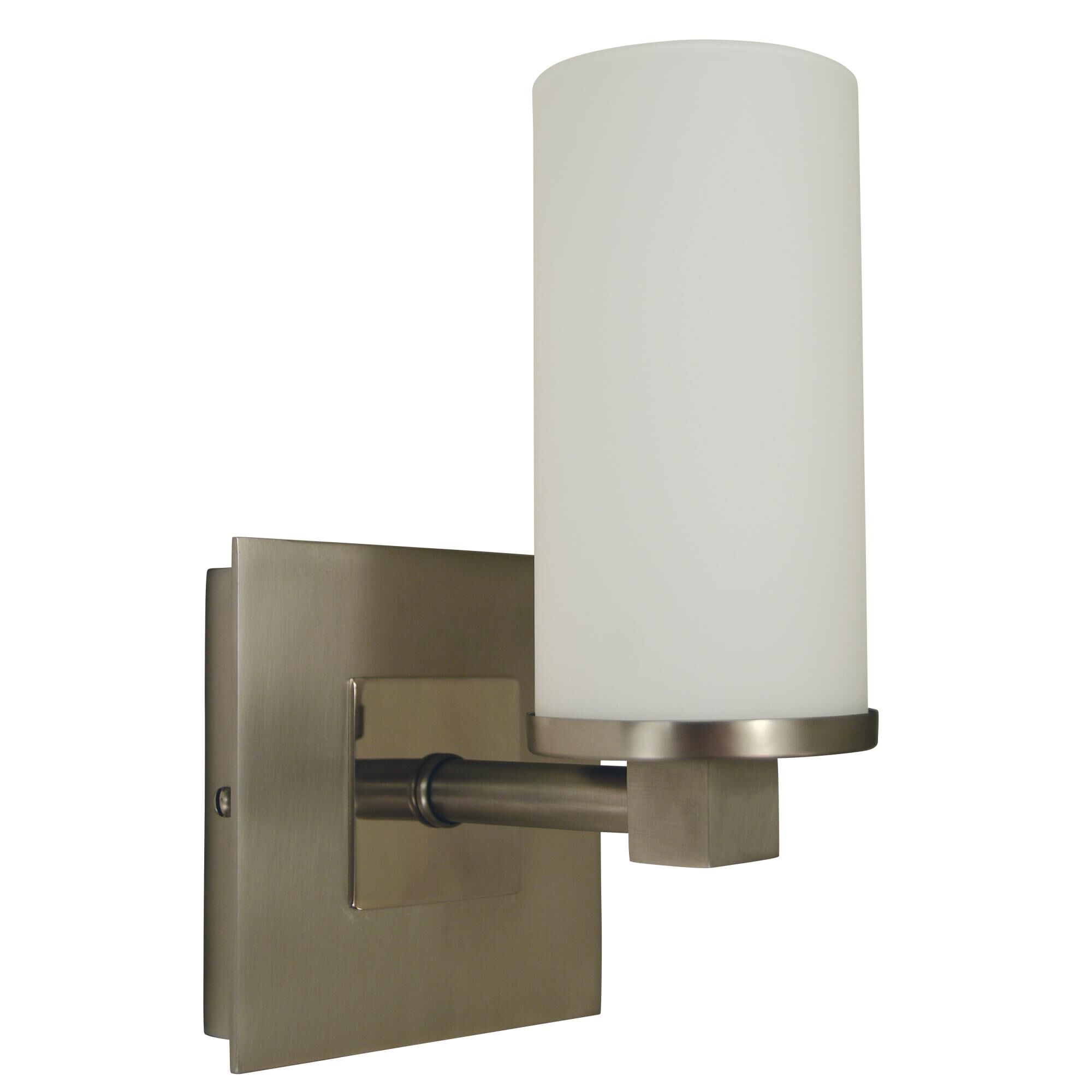 Shown in Satin Pewter With Polished Nickel finish and White Frosted Glass Cylinder shade