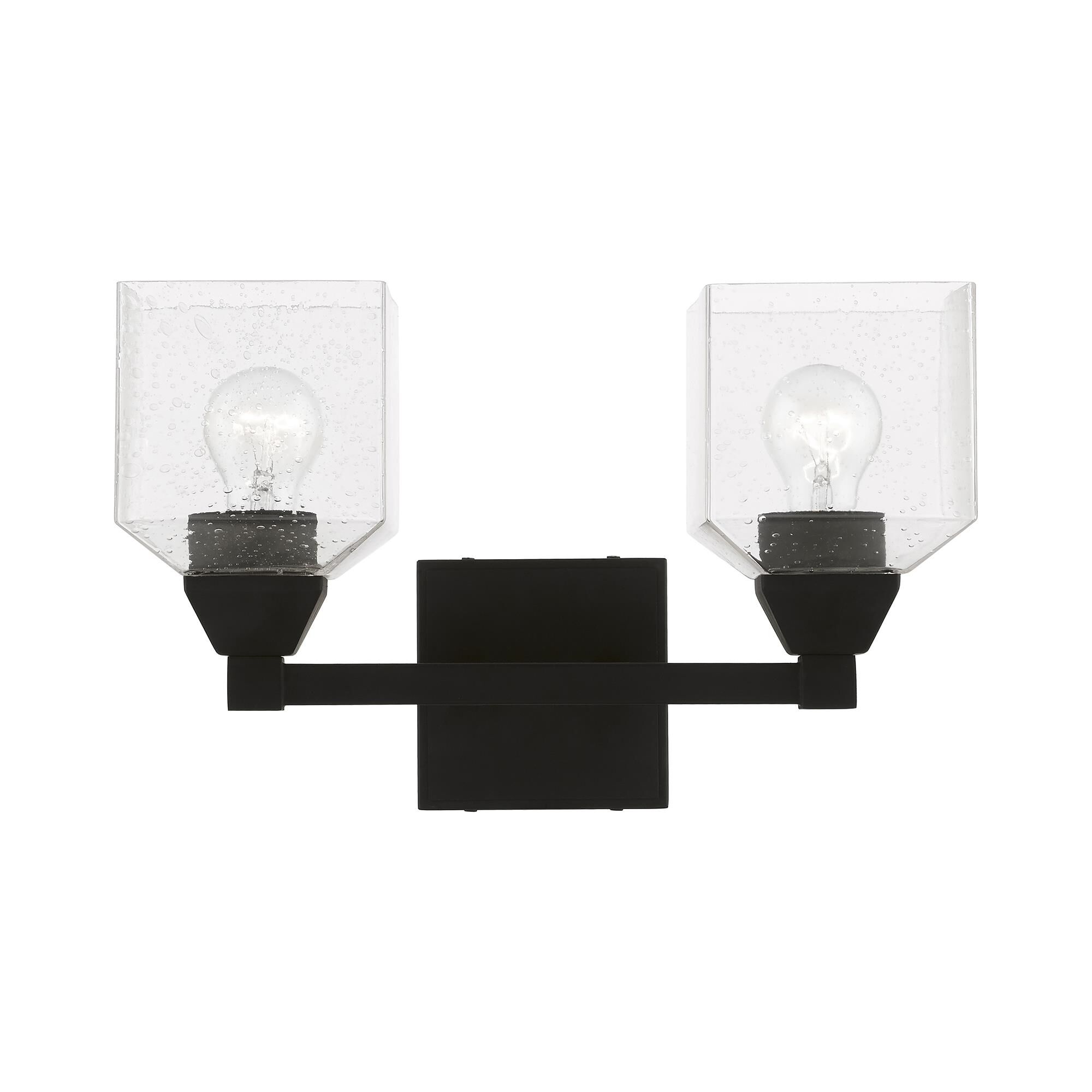 Shown in Black finish and Hand Blown Clear Seeded glass