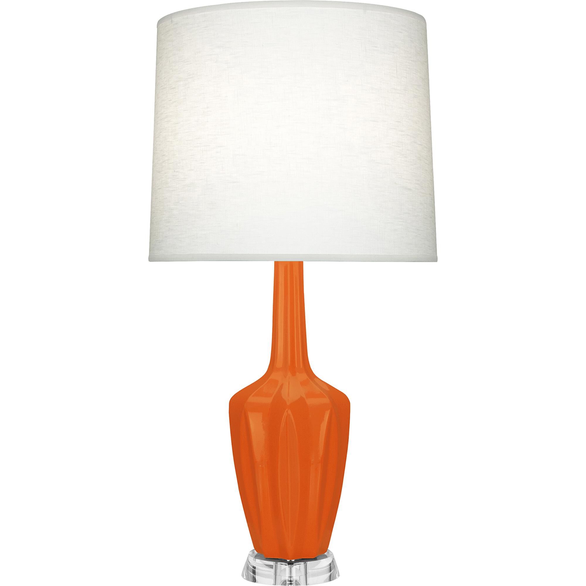 Shown in Pumpkin finish and Off White shade and Polished Nickel with Lucite accent