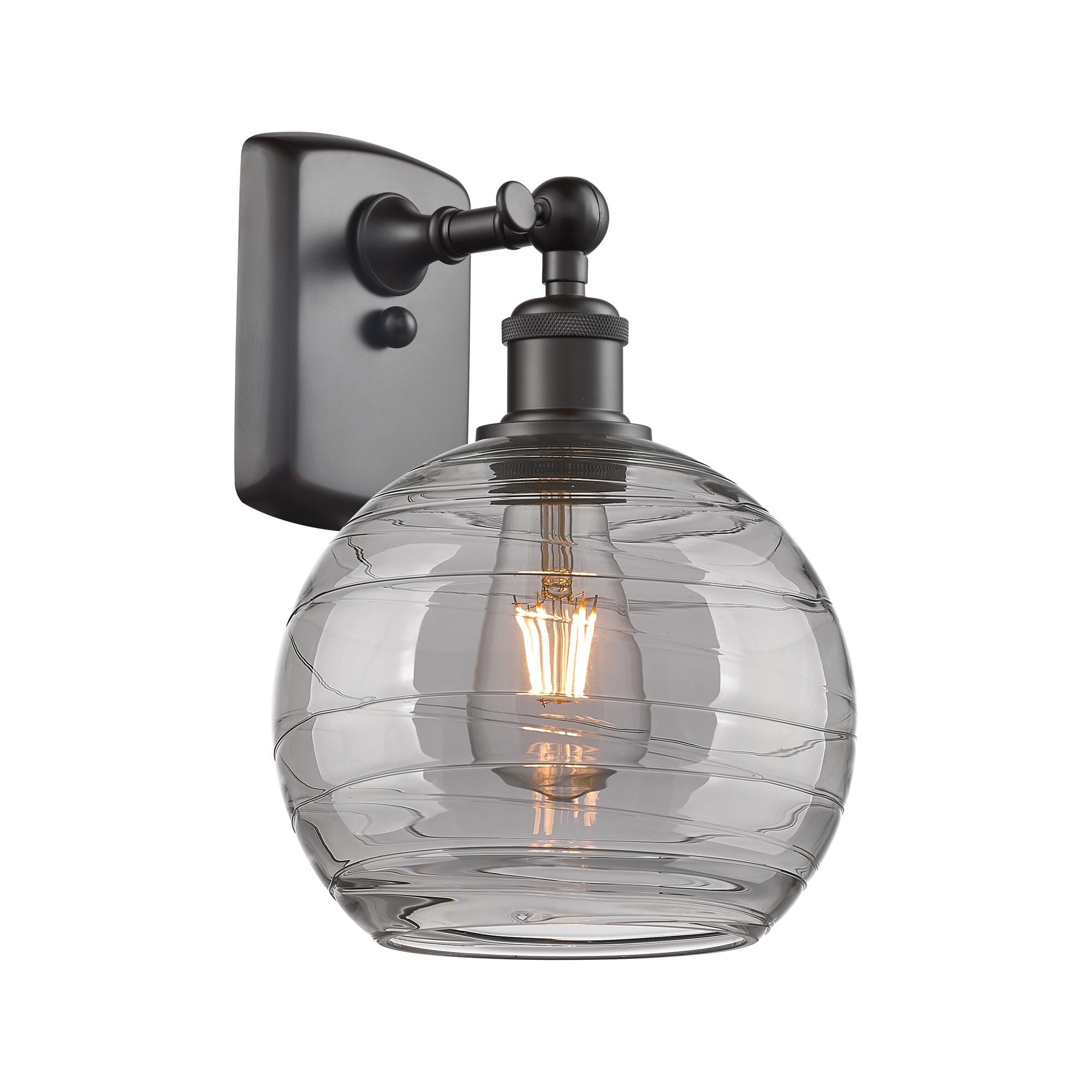 Shown in Oil Rubbed Bronze finish and Light Smoke Deco Swirl glass