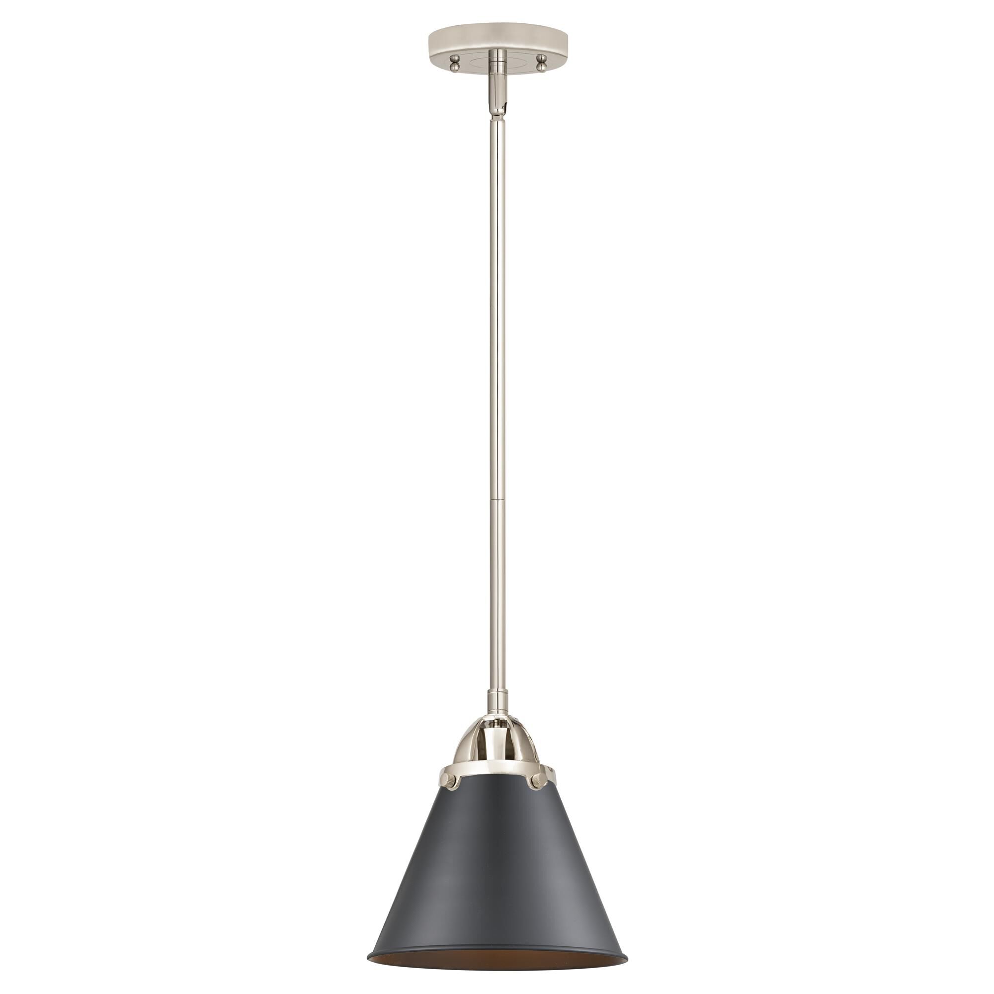 Shown in Polished Nickel finish and No Glass glass and Matte Black Appalachian shade