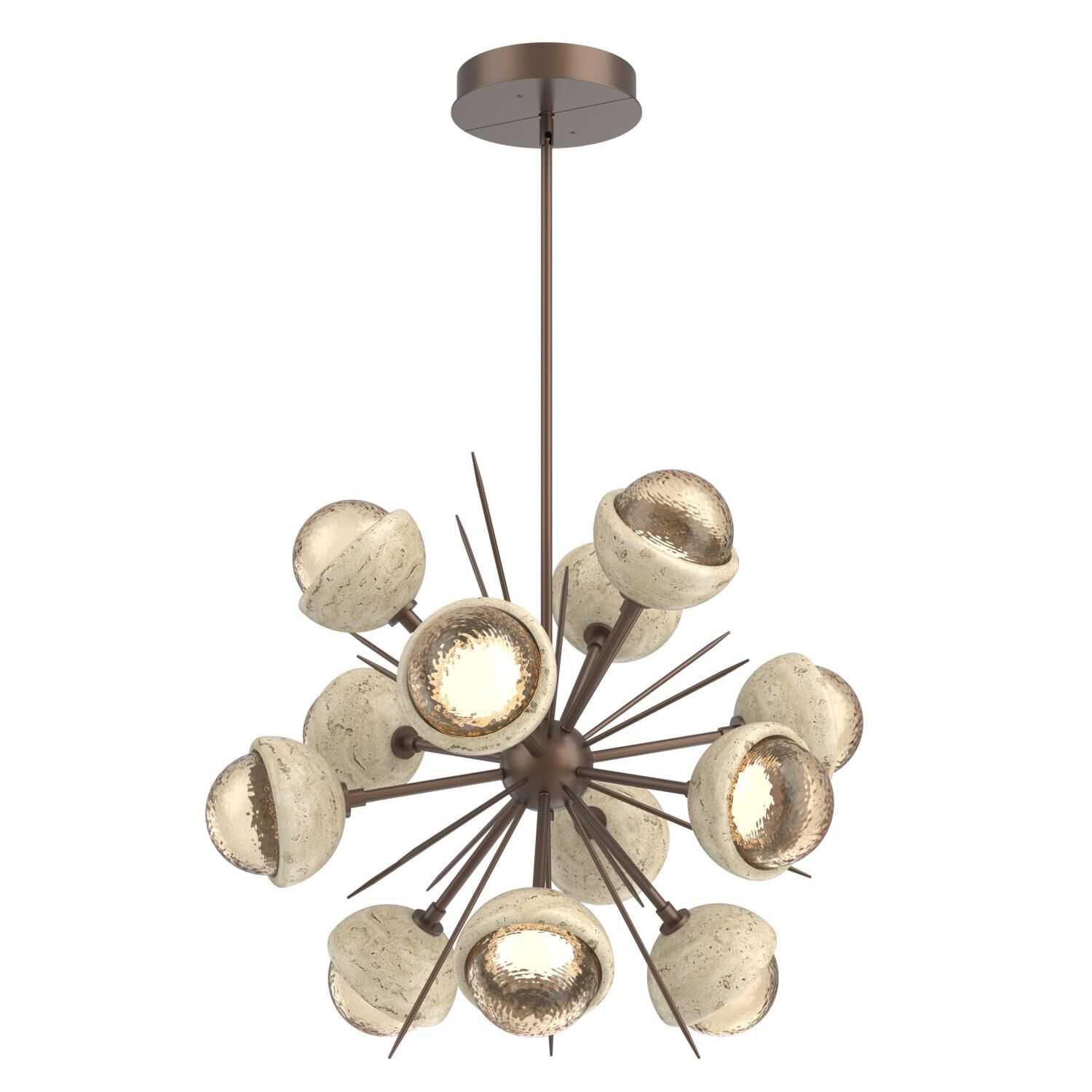 Shown in Burnished Bronze finish and Amber glass and Travertine Stone accent