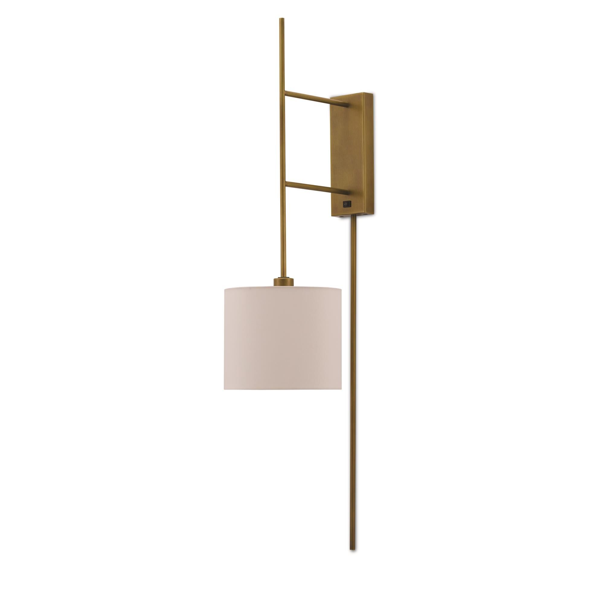 Shown in Antique Brass finish and Off White Shantung shade