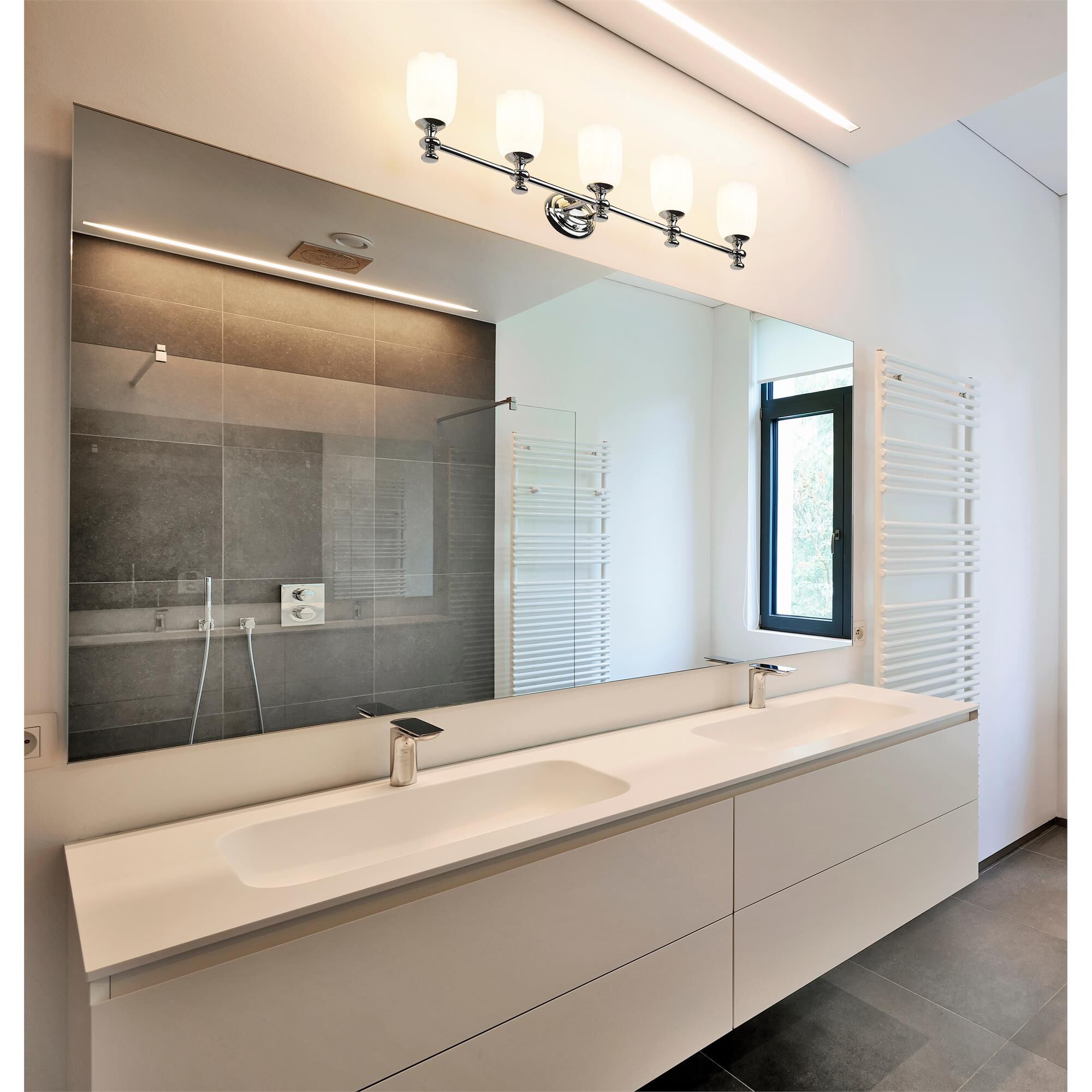 Shown in Chrome finish and Opal Etched glass and Opal Etched shade
