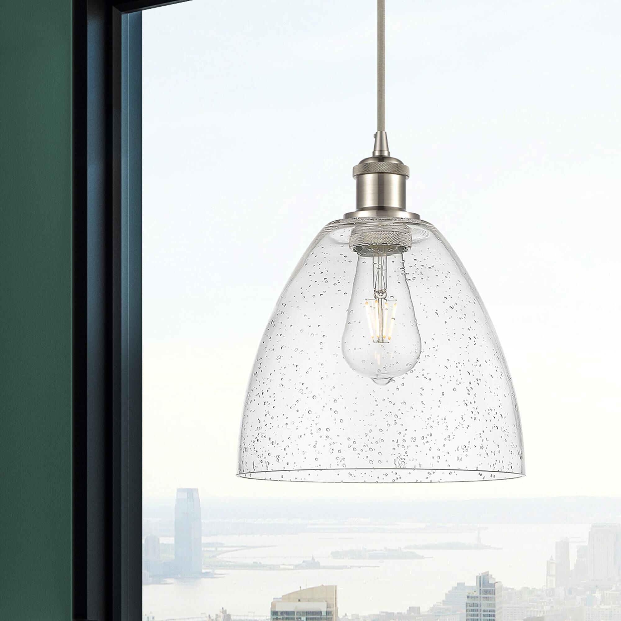 Shown in Brushed Satin Nickel finish and Seedy glass