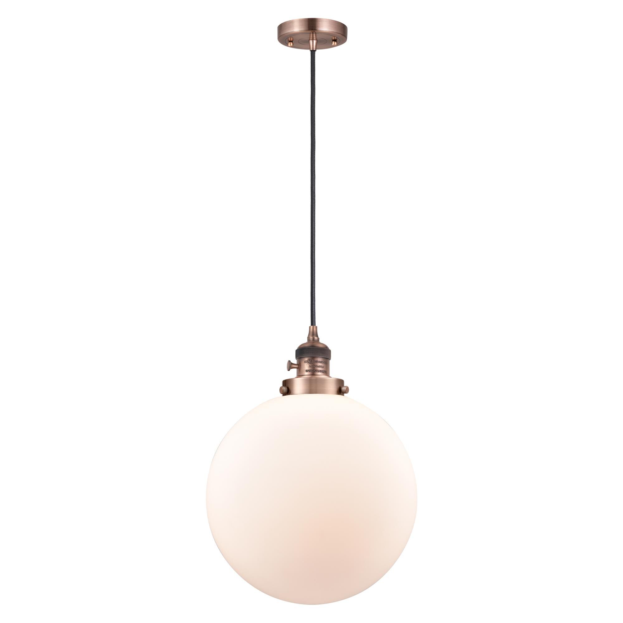 Shown in Antique Copper finish and Matte White Cased glass