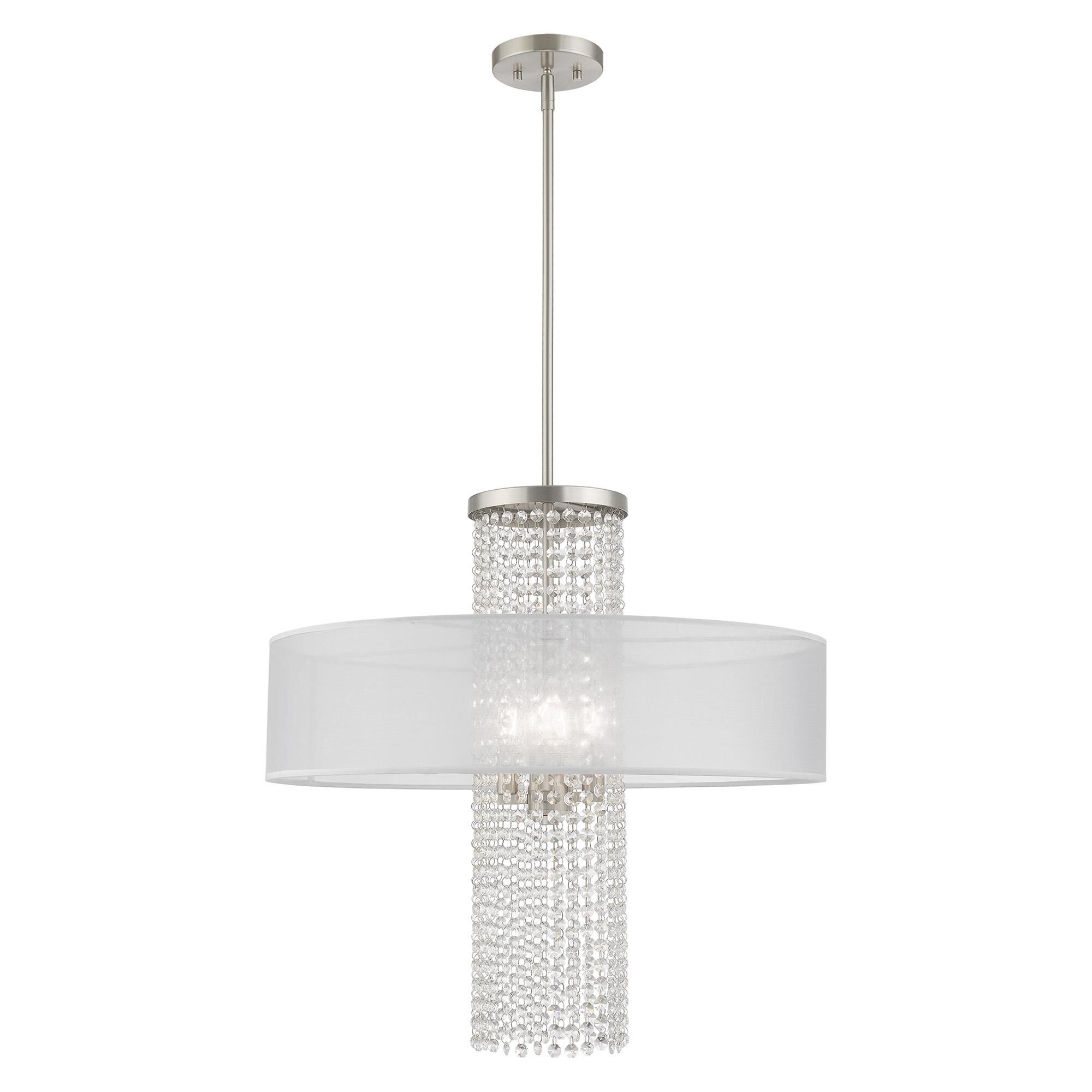 Shown in Brushed Nickel finish and Clear Crystals with Hand Crafted Translucent Fabric shade