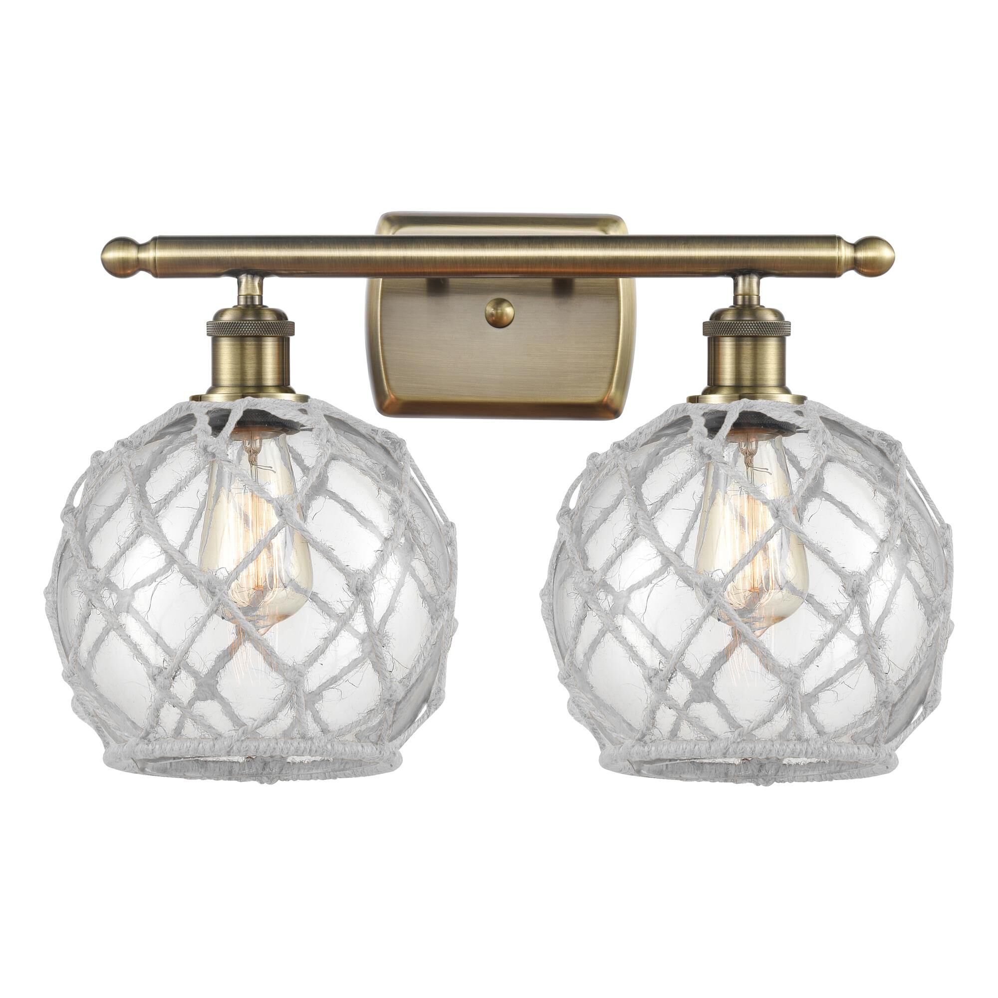 Shown in Antique Brass finish and Clear with White Rope glass
