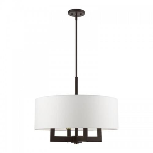 Shown in Bronze with Antique Brass Accents finish and Hand Crafted Off-White Hardback Fabric shade