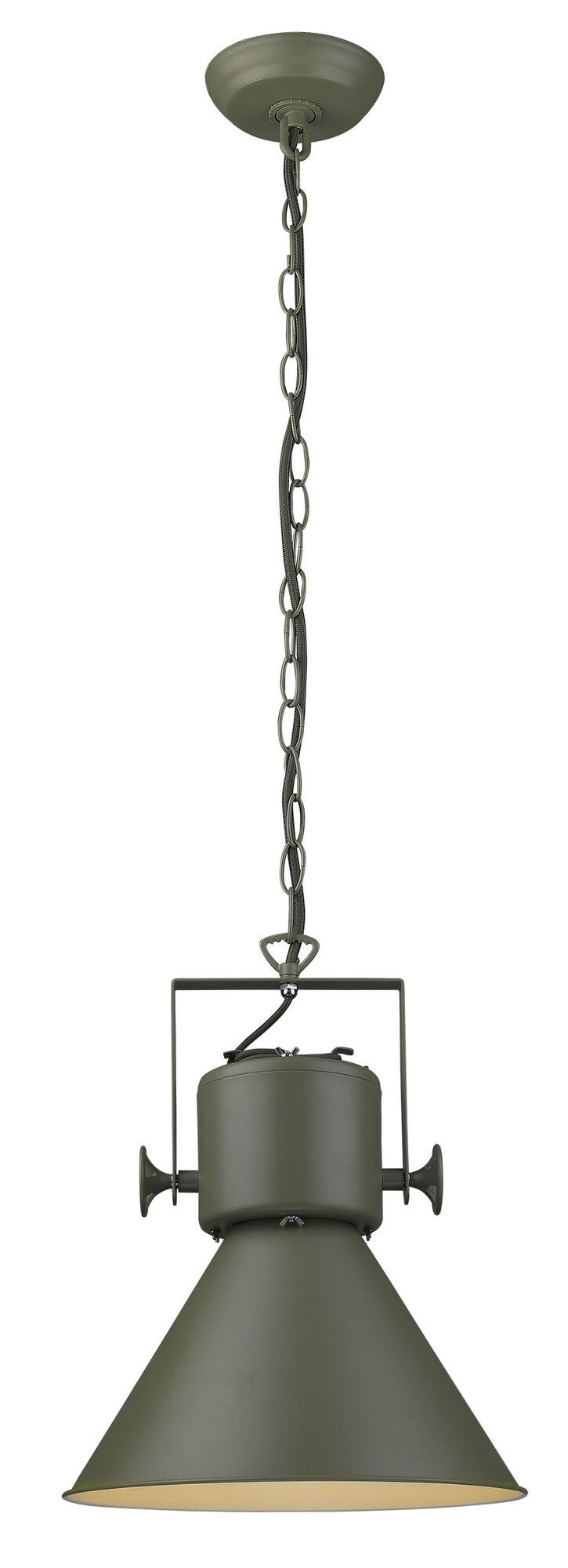 Shown in Green finish and Green glass and Green Metal Cone Shaped  W/ White Interior shade
