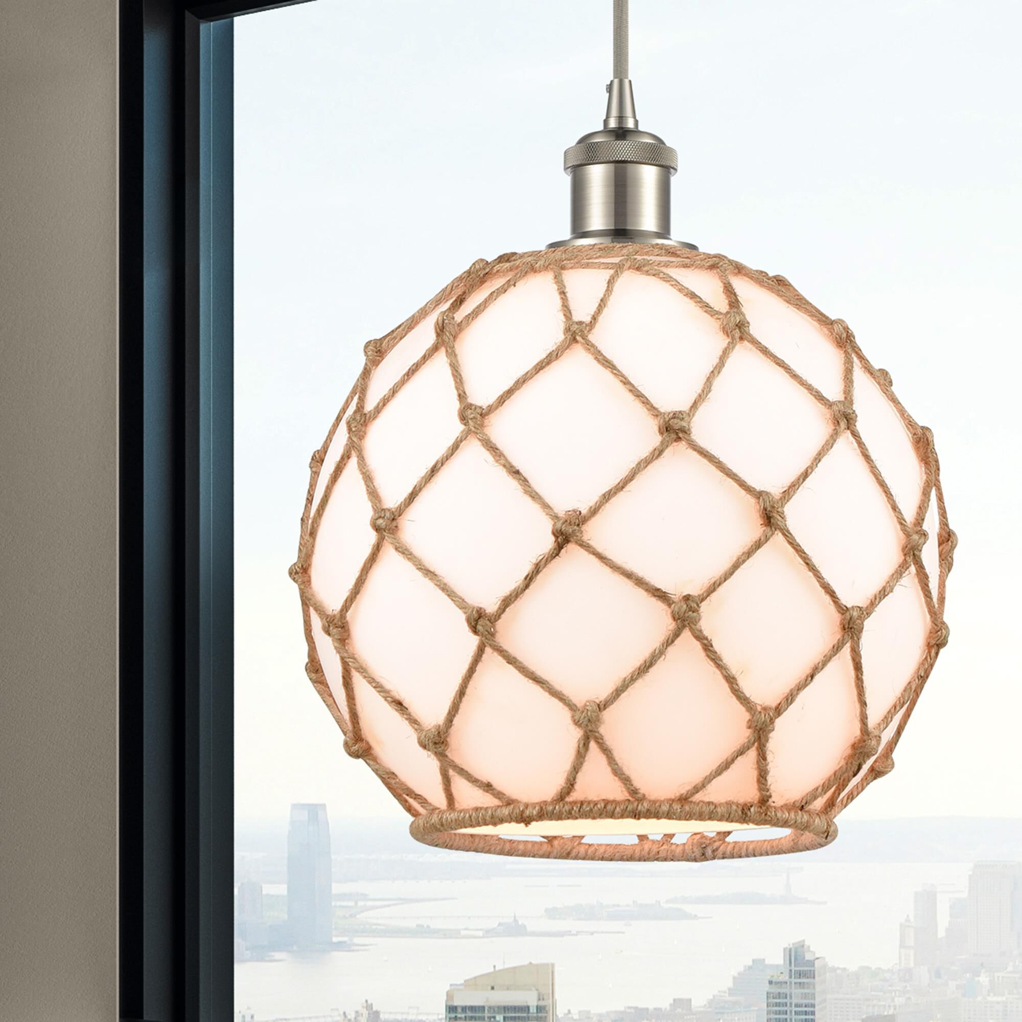 Shown in Brushed Satin Nickel finish and White With Black Rope glass