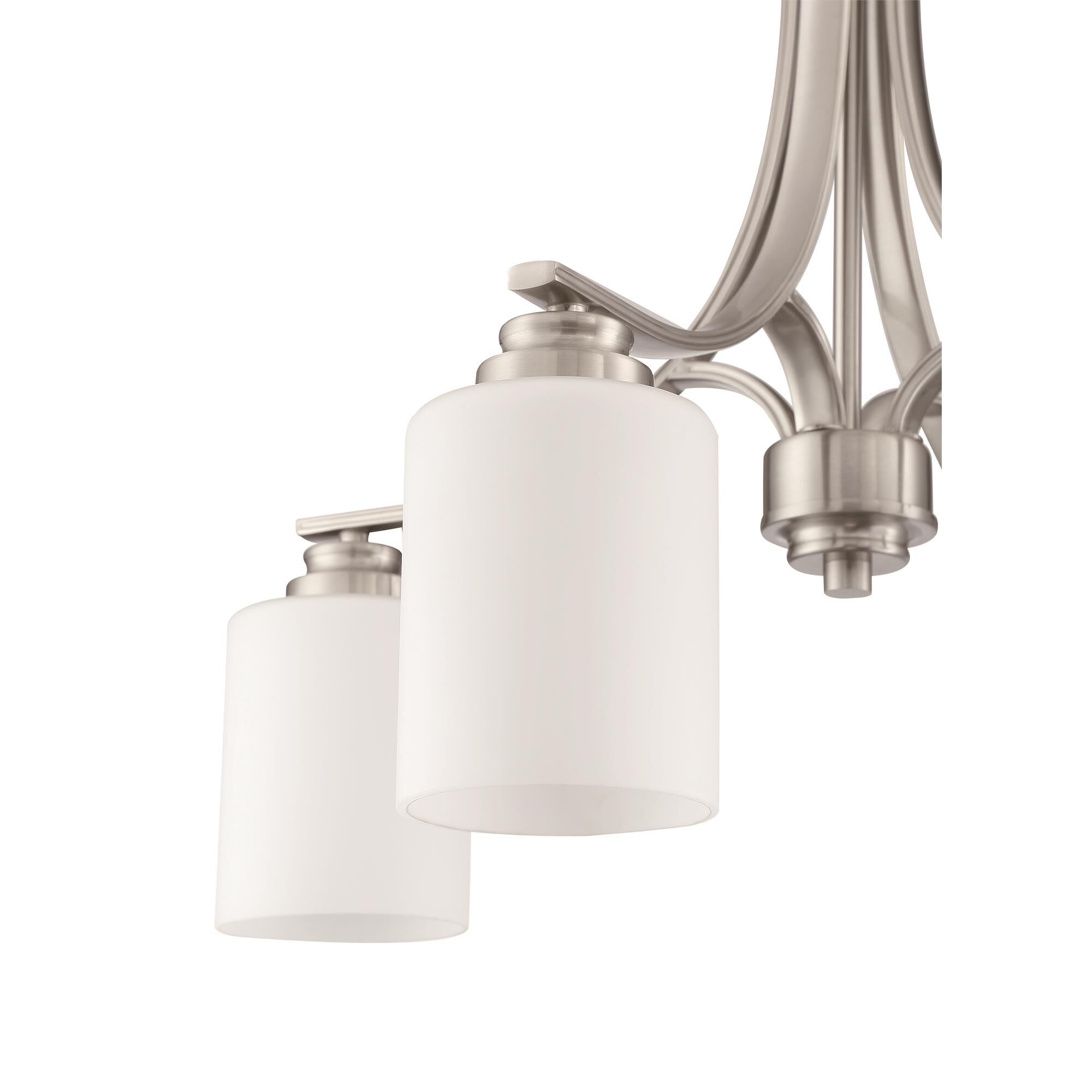Shown in Brushed Polished Nickel finish and White Frosted glass and Glass shade