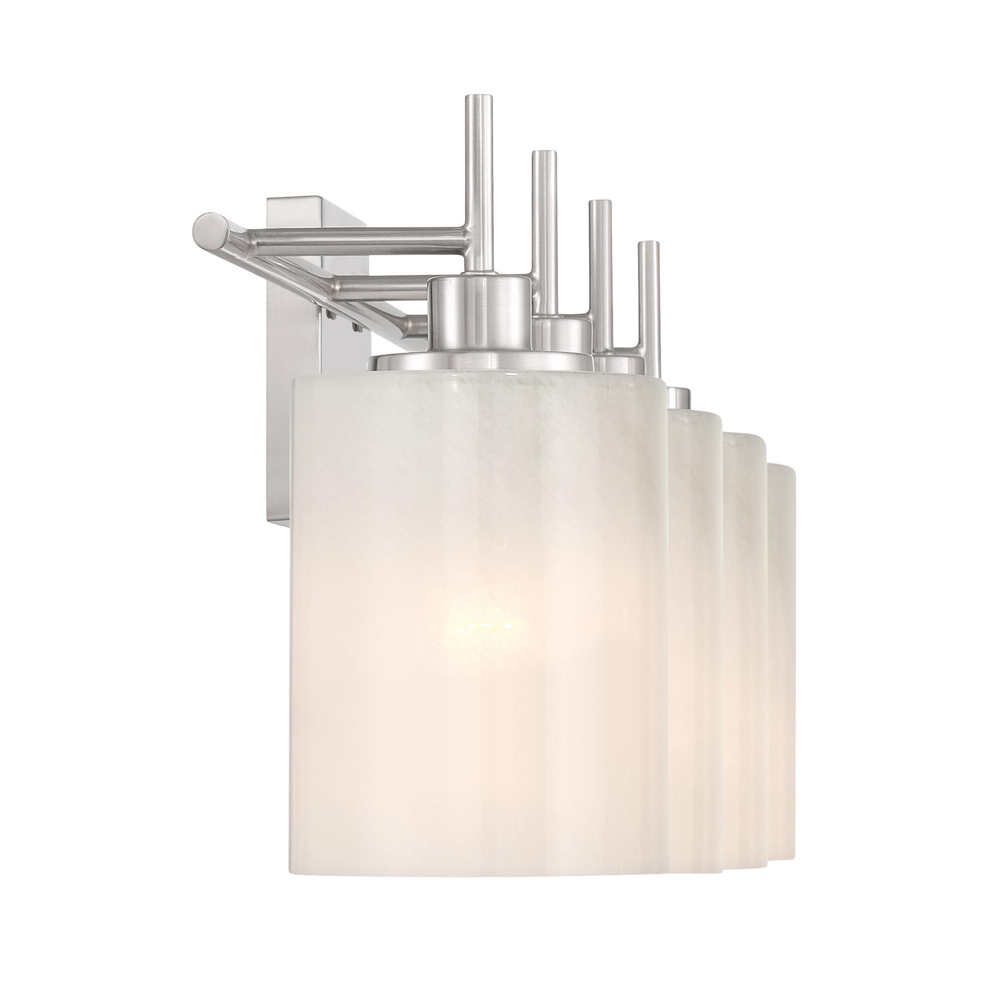 Shown in Brushed Nickel finish and White Strie glass