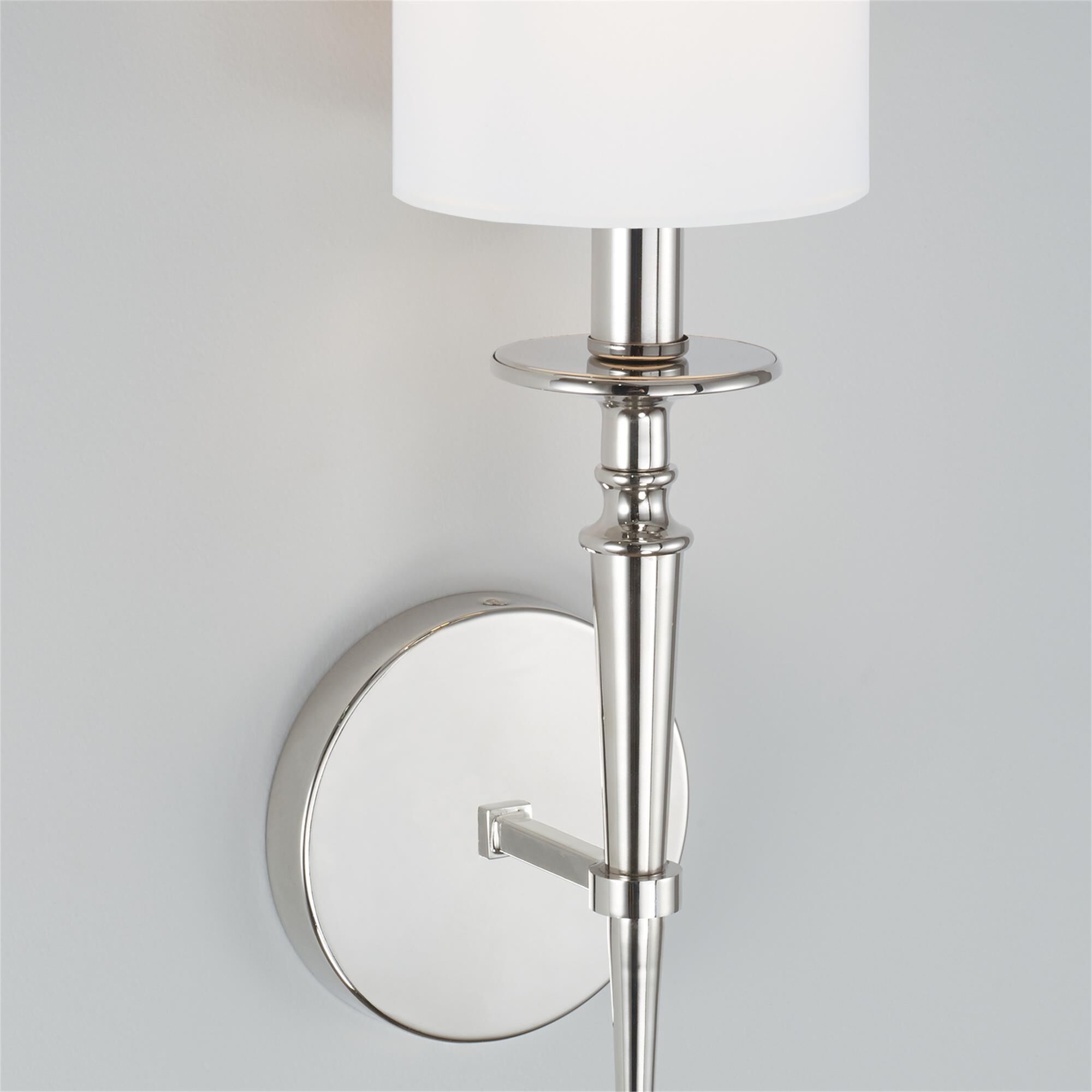Shown in Polished Nickel finish and 701 glass and White Fabric Stay-Straight shade