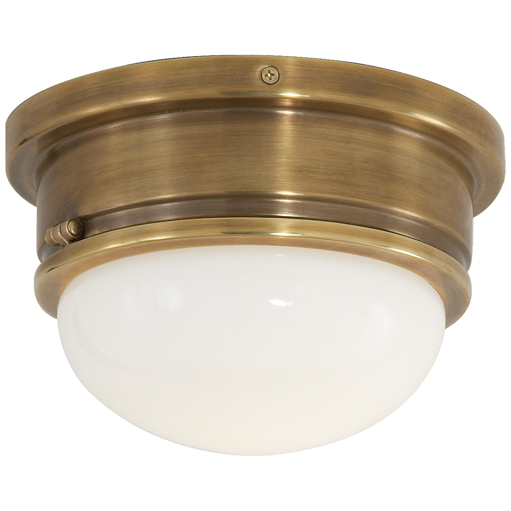Shown in Hand-Rubbed Antique Brass finish and White glass