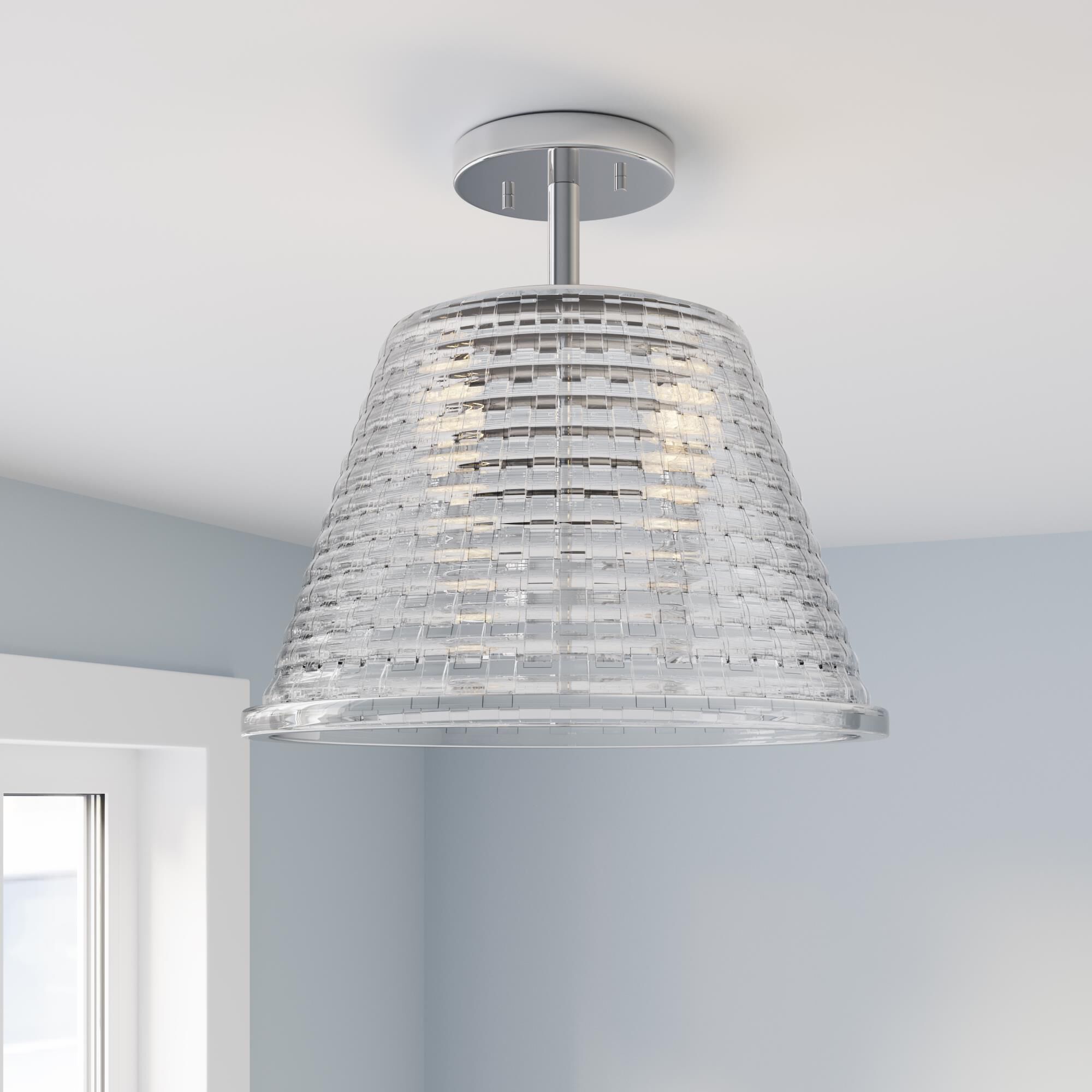 Shown in Polished Nickel finish and Clear Woven Lattice glass