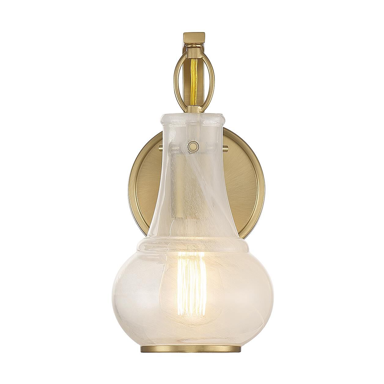 Shown in Warm Brass finish and White Strie glass