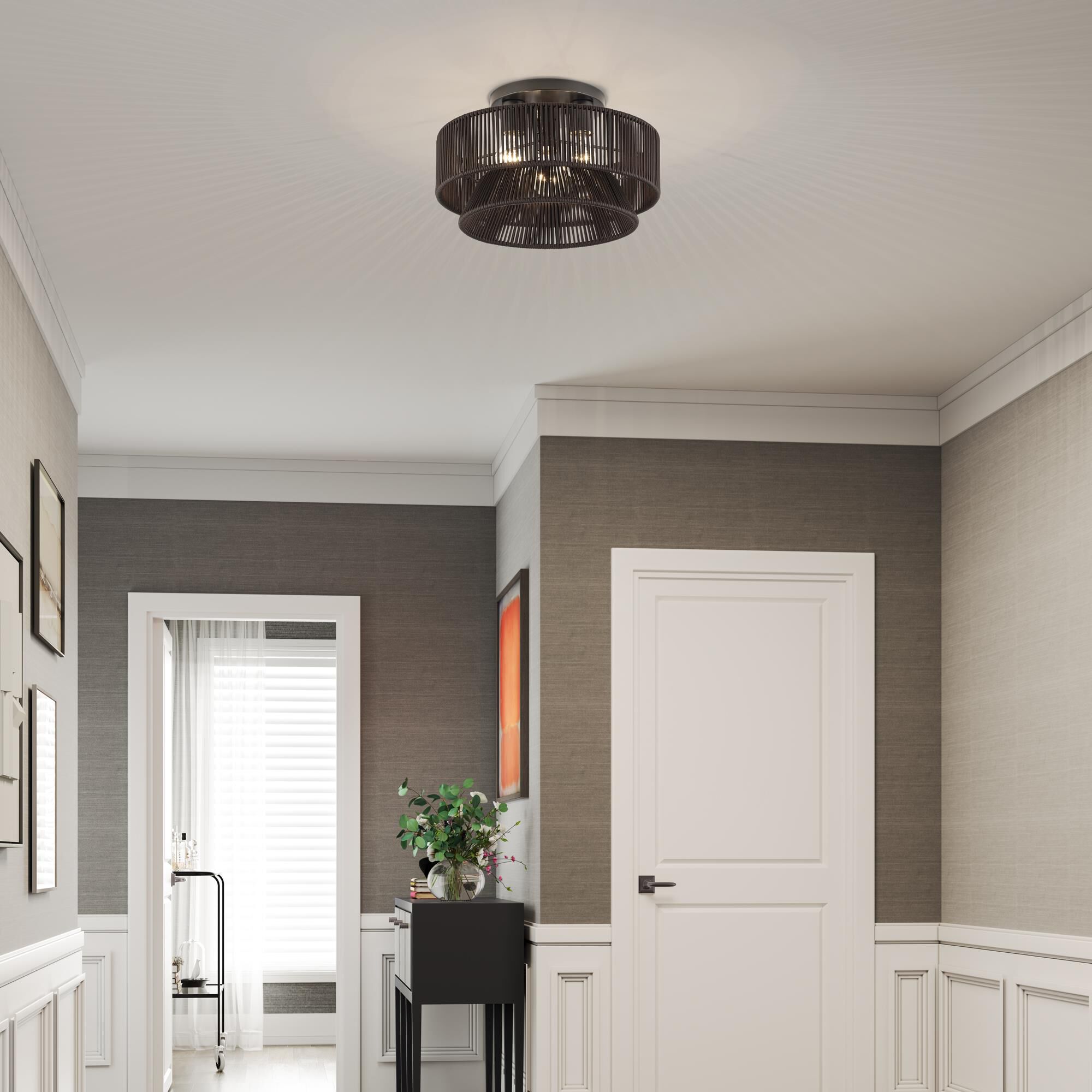 Shown in English Bronze finish and Hand-Woven Dark Chocolate Color Polyester Rope shade