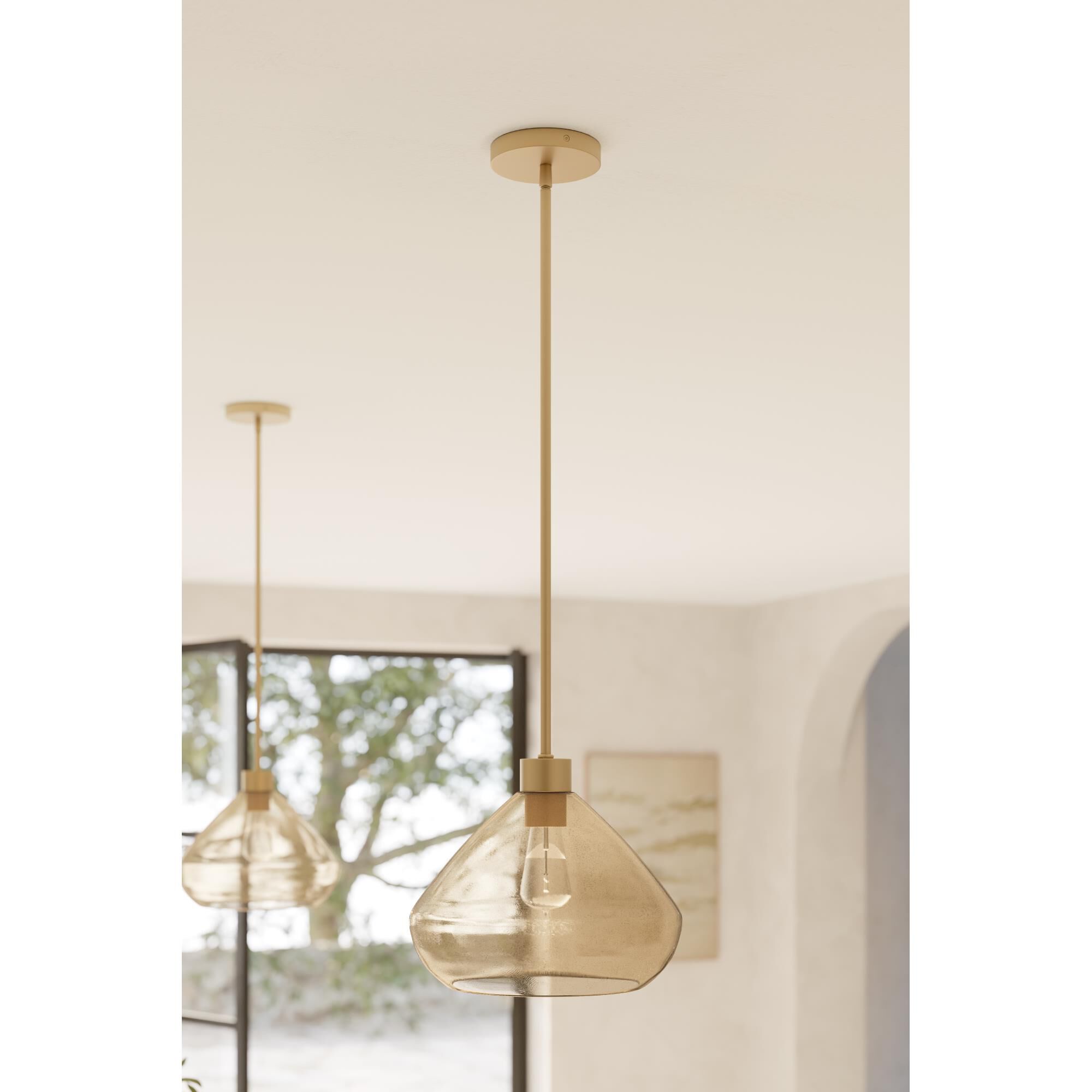 Shown in Legacy Brass finish and Brown Bubble glass