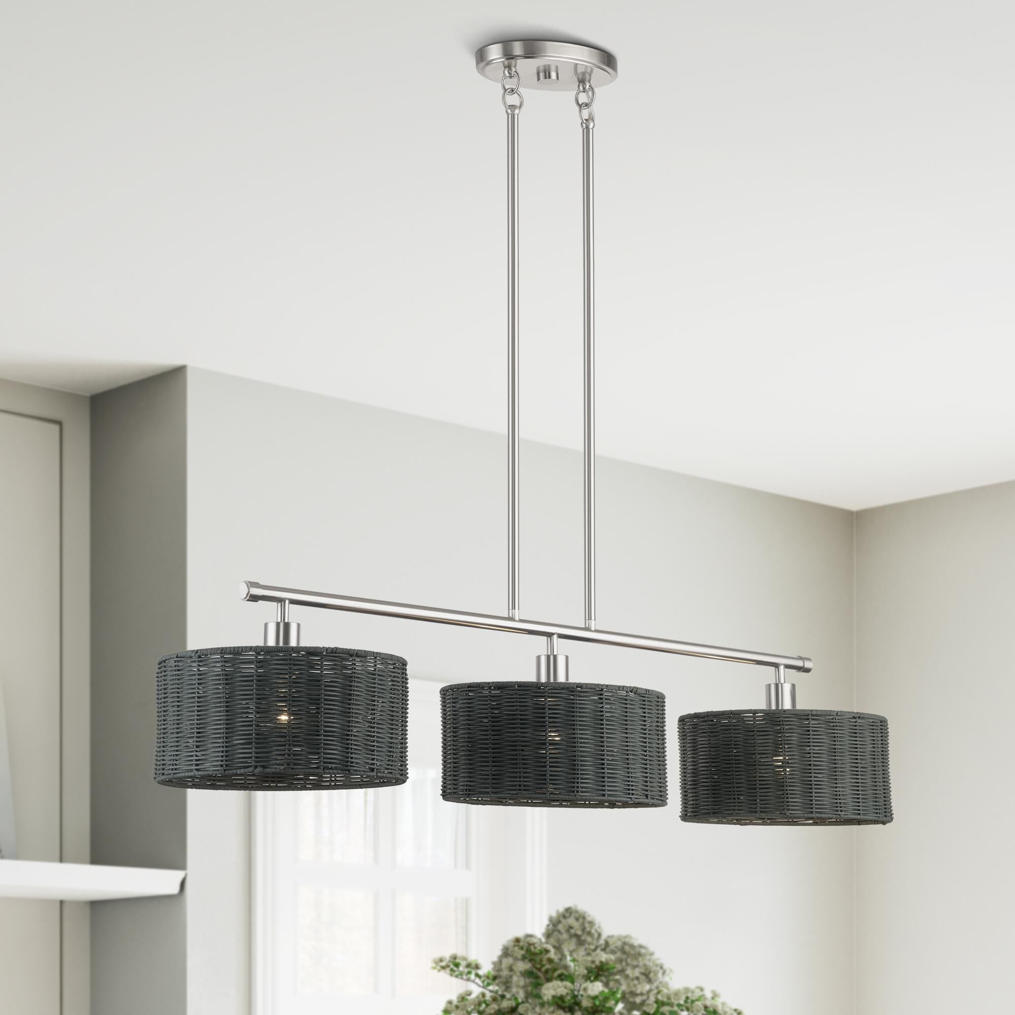 Shown in Brushed Nickel finish and Hand-Woven Charred Gray Color Rattan shade