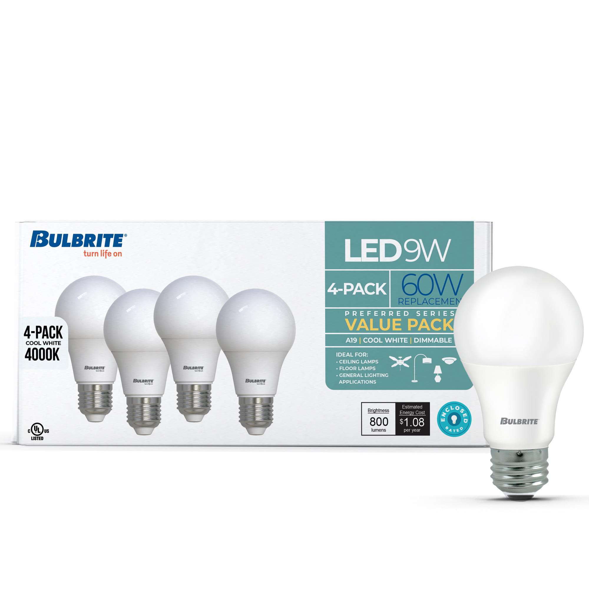 Frost A19 Base E26 4000K LED Light Bulb Pack of 4 by Bulbrite