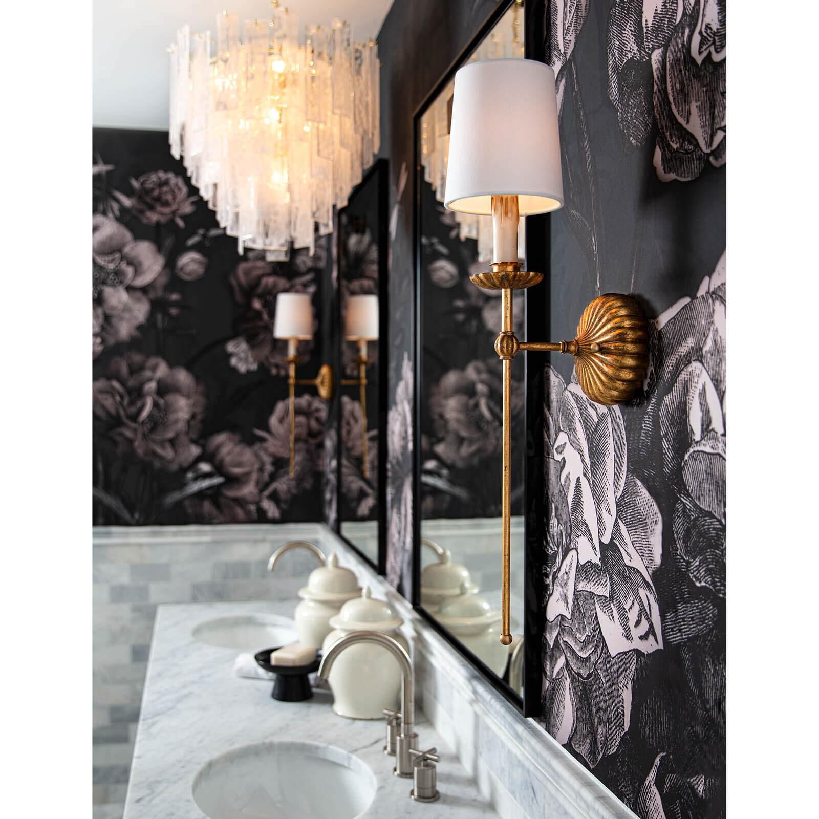 Shown in Antique Gold Leaf finish and Linen shade