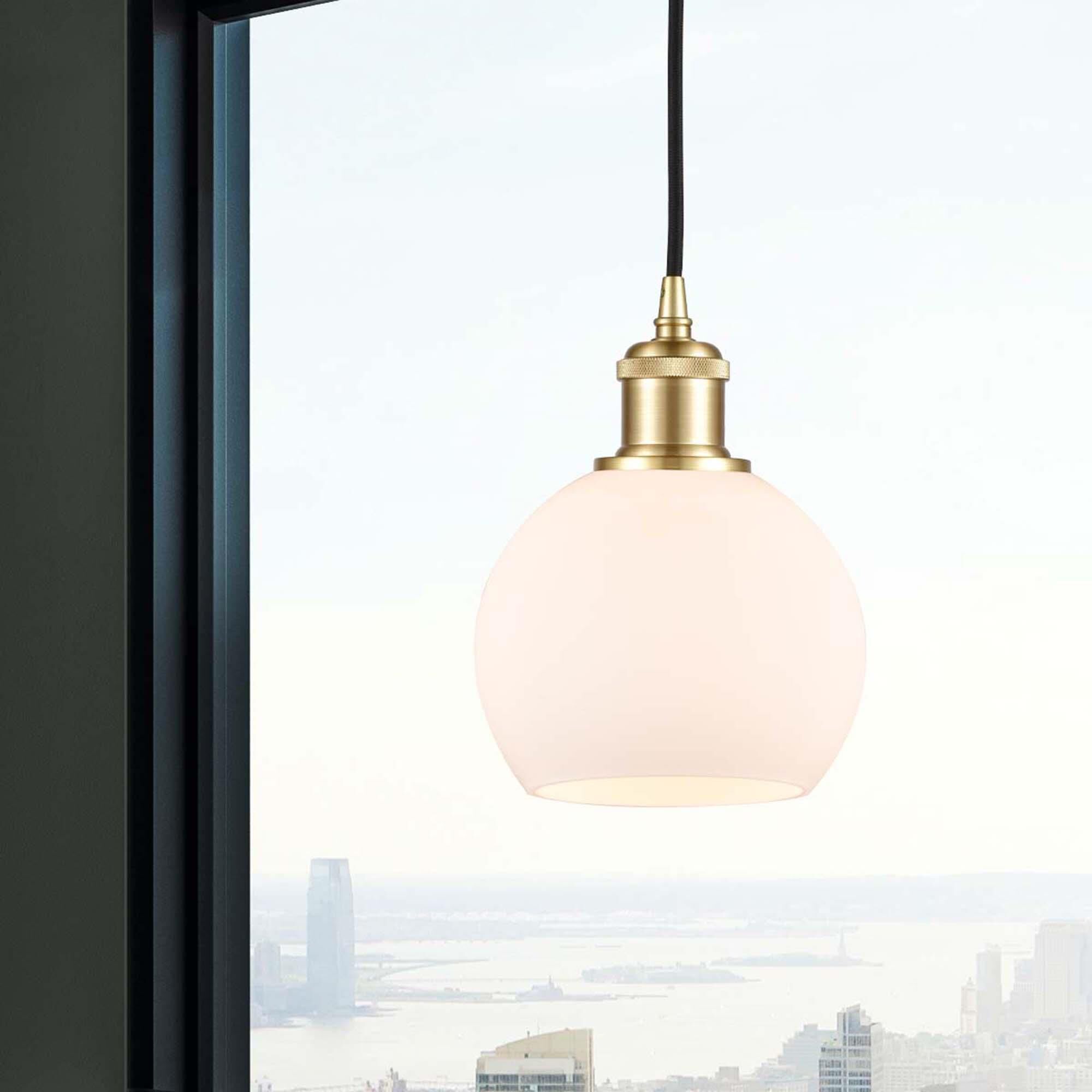 Shown in Satin Gold finish and Cased Matte White glass