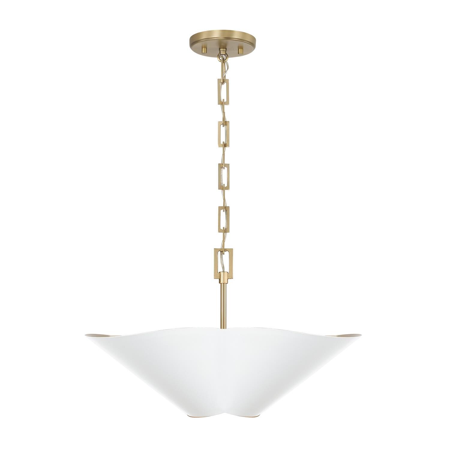 Shown in Matte Brass and White finish and White Metal with Painted Matte Brass Interior shade