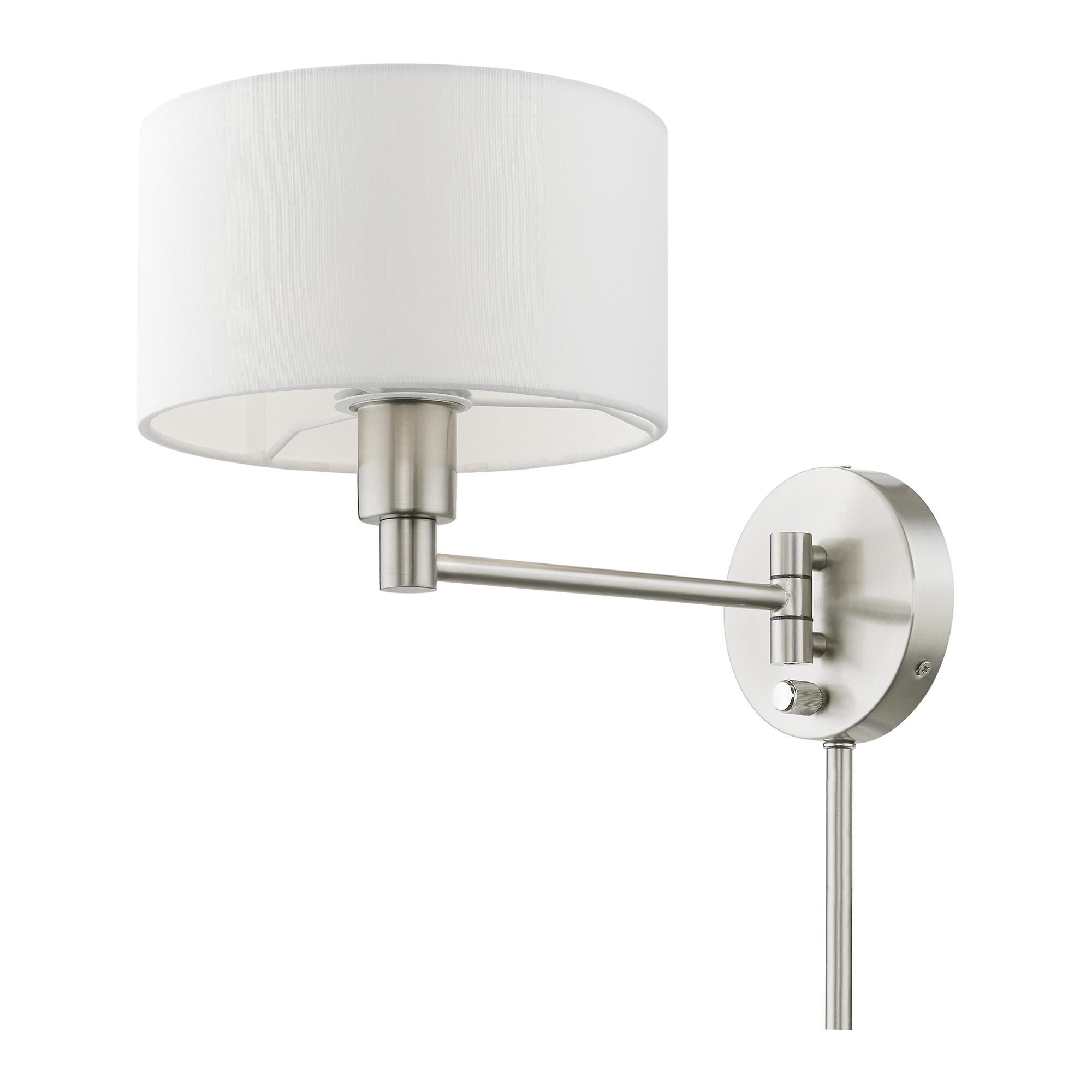 Shown in Brushed Nickel finish and Hand Crafted Off-White Hardback Fabric shade