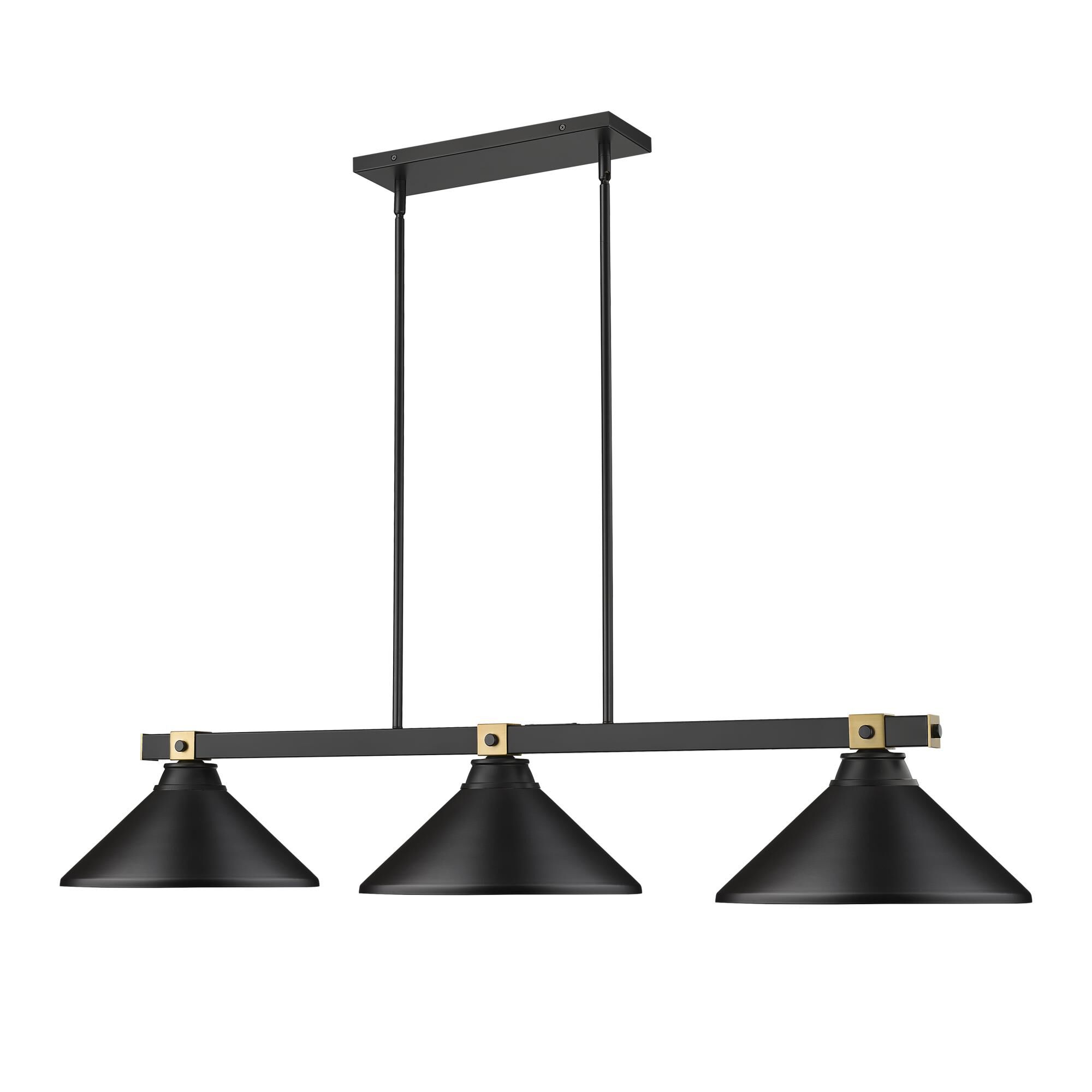 Shown in Matte Black + Rubbed Brass finish and Matte Black glass and Matte Black shade