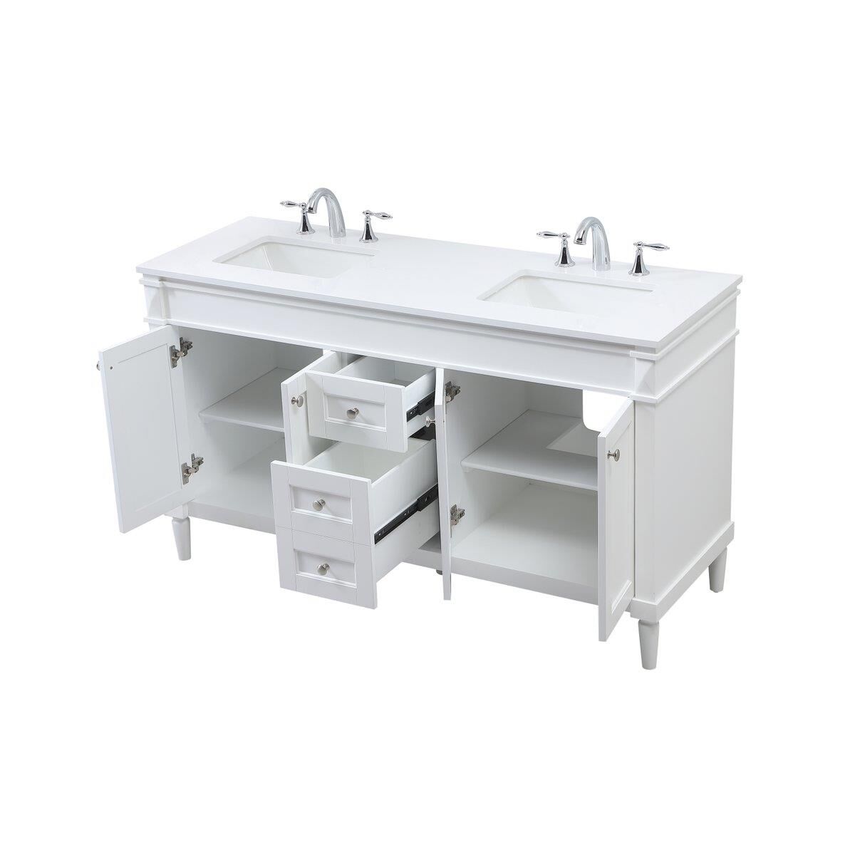 Shown in White finish and Double Bathroom Vanity accent