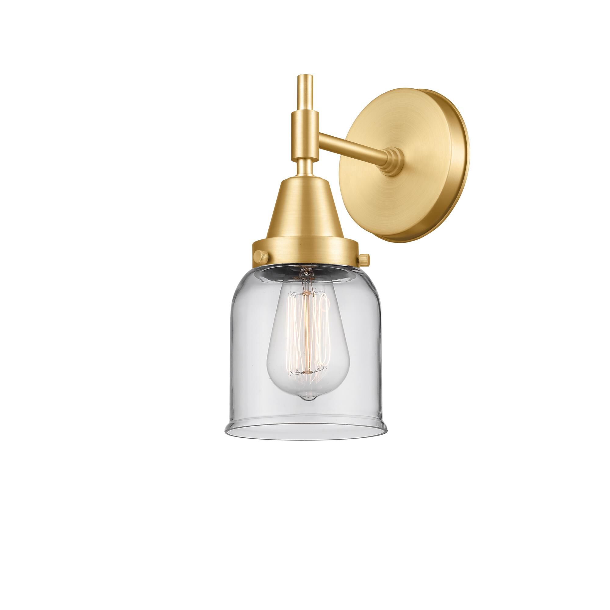 Shown in Satin Gold finish and Clear Small Bell glass