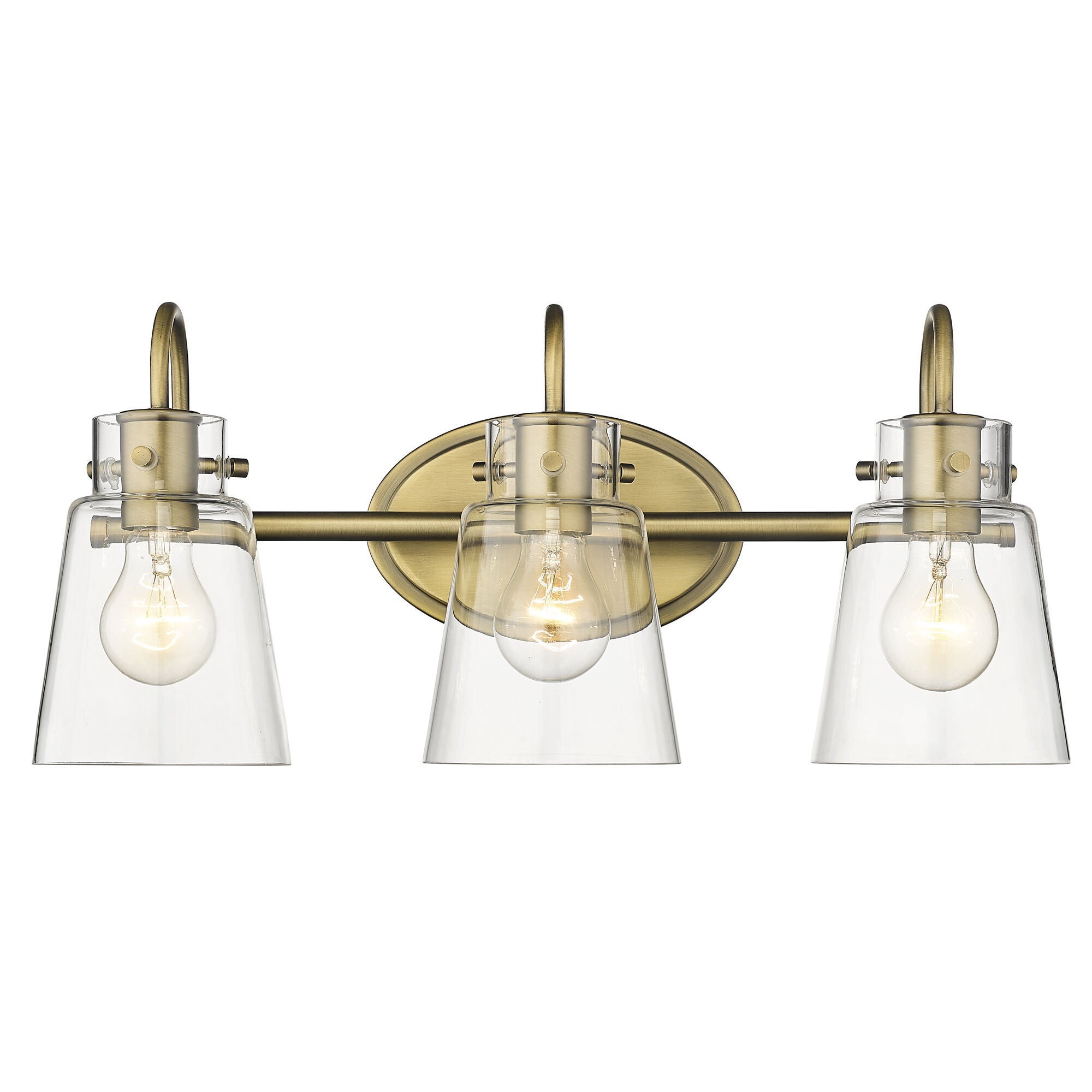 Shown in Antique Brass finish and Clear Glass shade