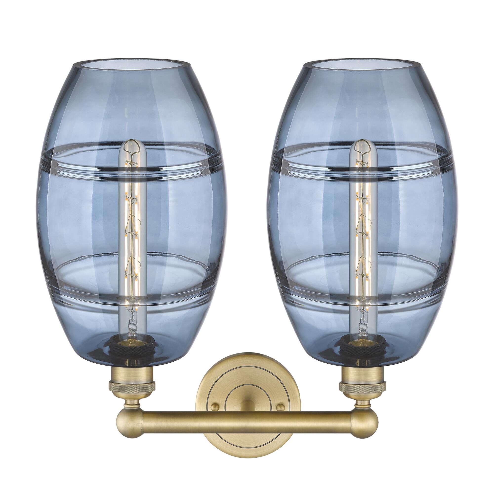 Shown in Brushed Brass finish and Princess Blue glass