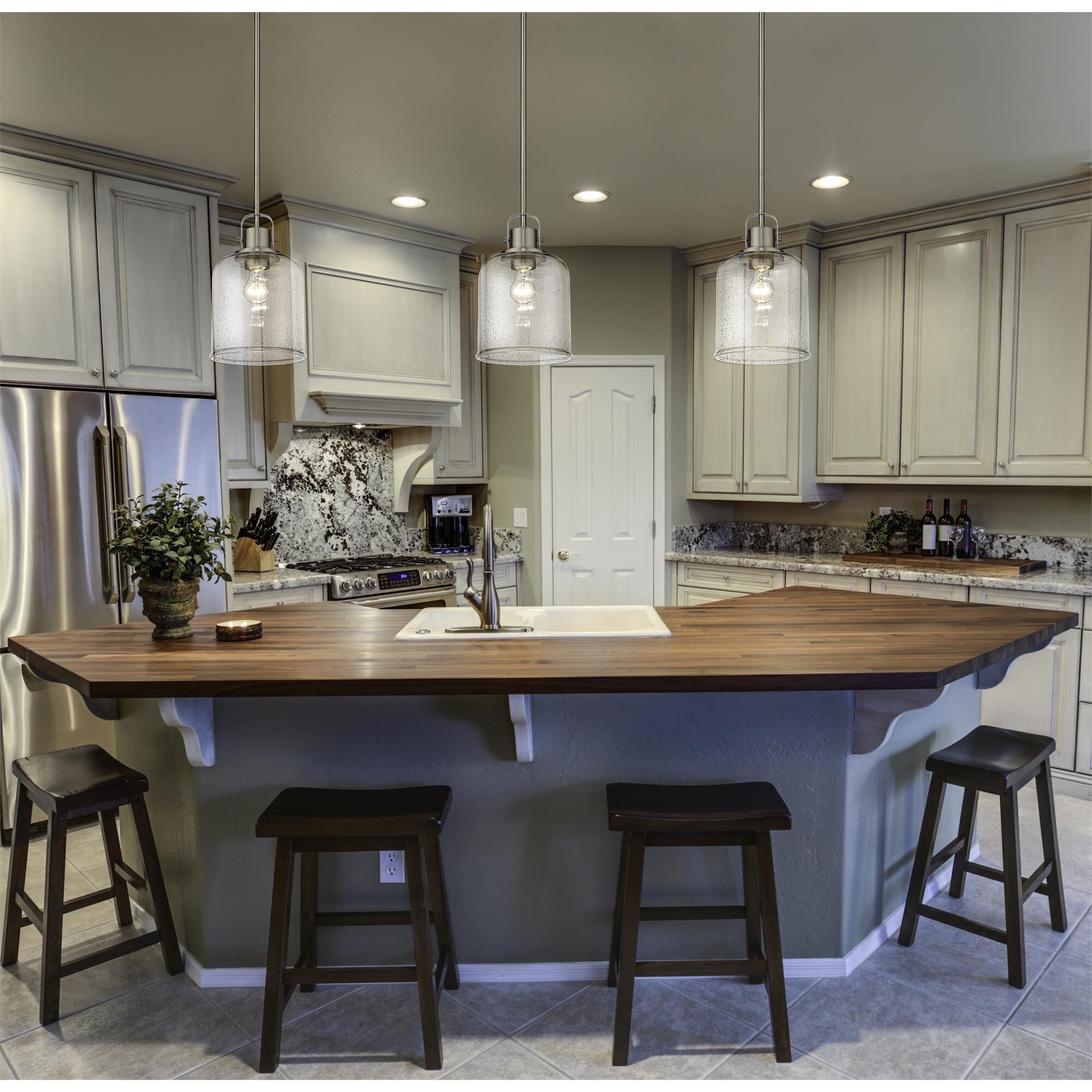 Shown in Brushed Nickel finish and Clear Seeded glass and No Shade shade