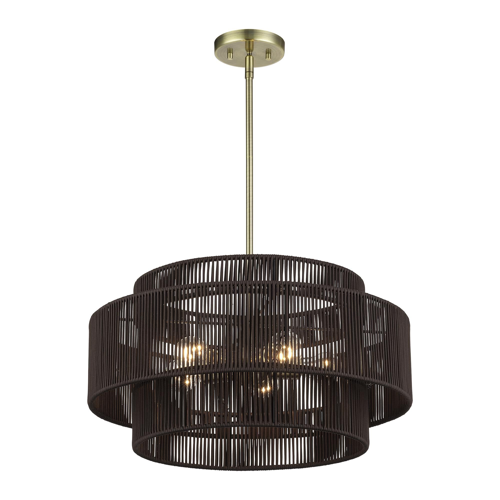 Shown in Antique Brass finish and Hand-Woven Dark Chocolate Color Polyester Rope shade