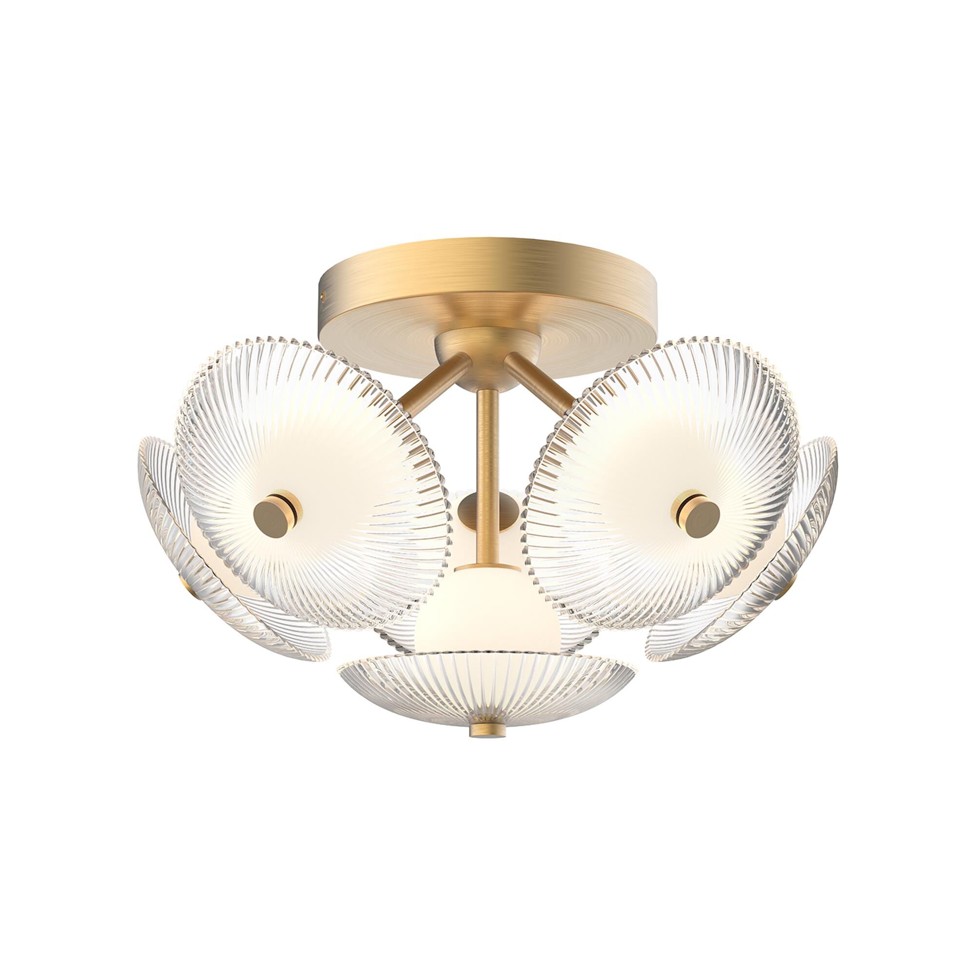 Shown in Brushed Gold finish and Clear Ribbed and Matte Opal glass