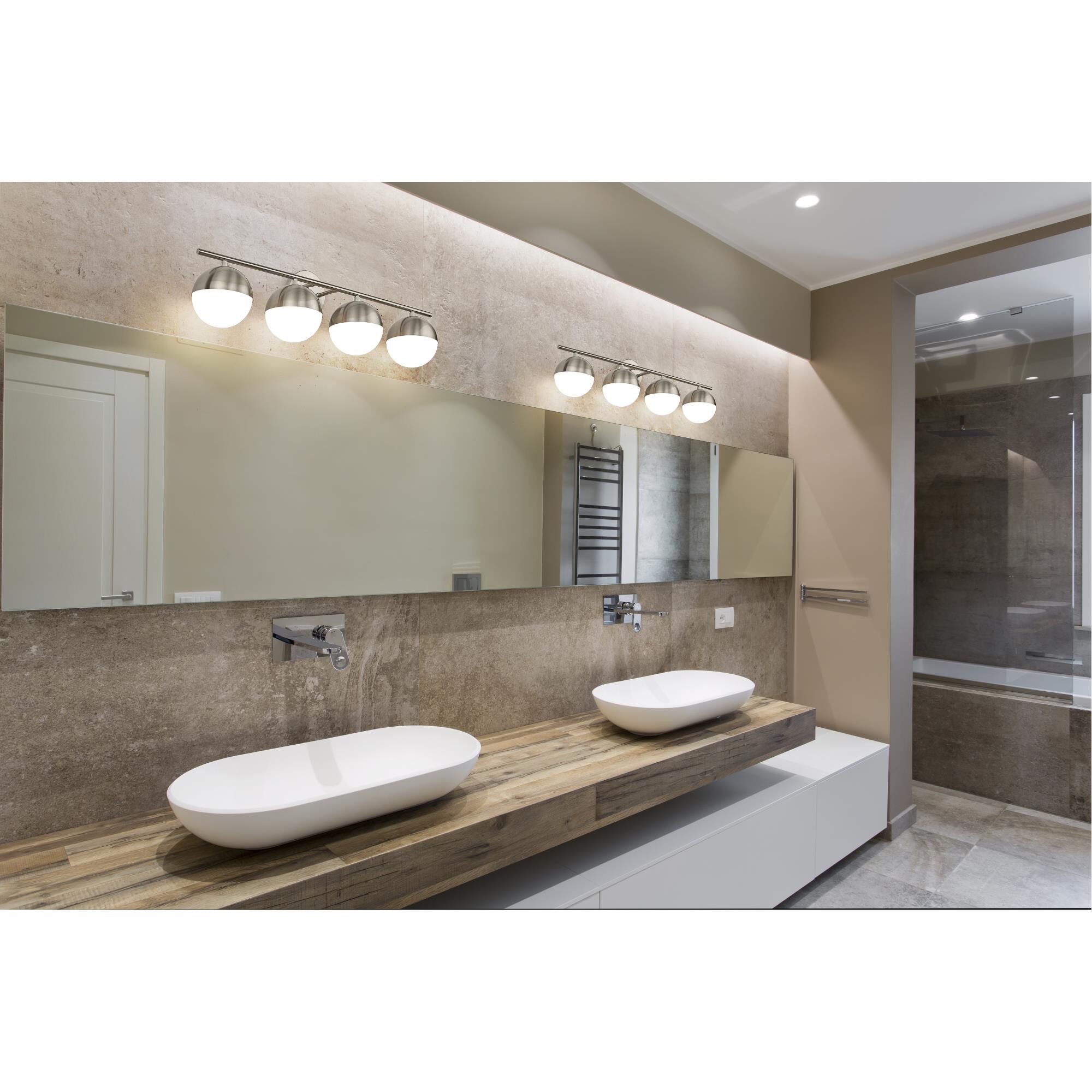 Shown in Brushed Nickel finish and Matte Opal glass and Matte Opal shade