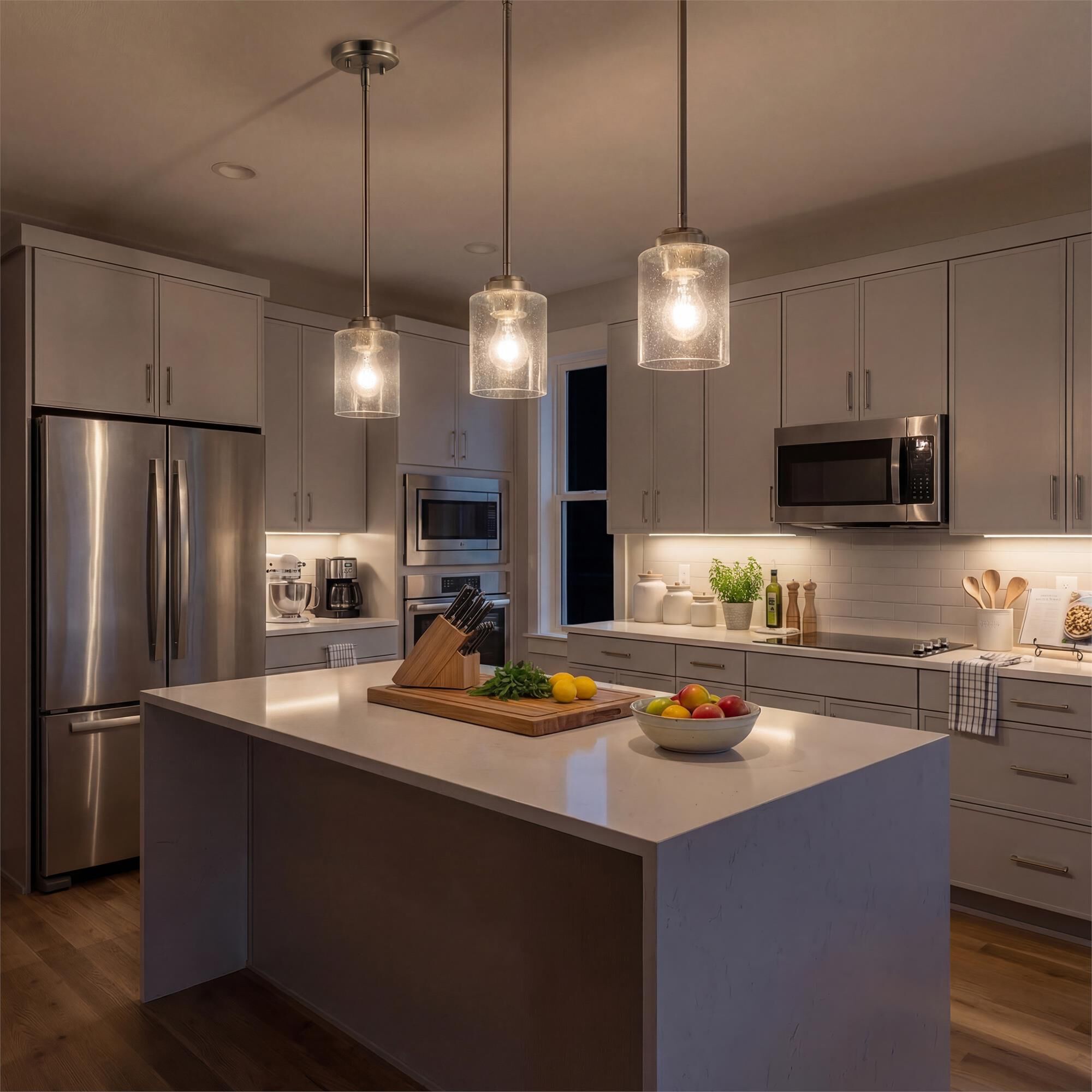 Shown in Brushed Nickel finish and Clear Seeded glass