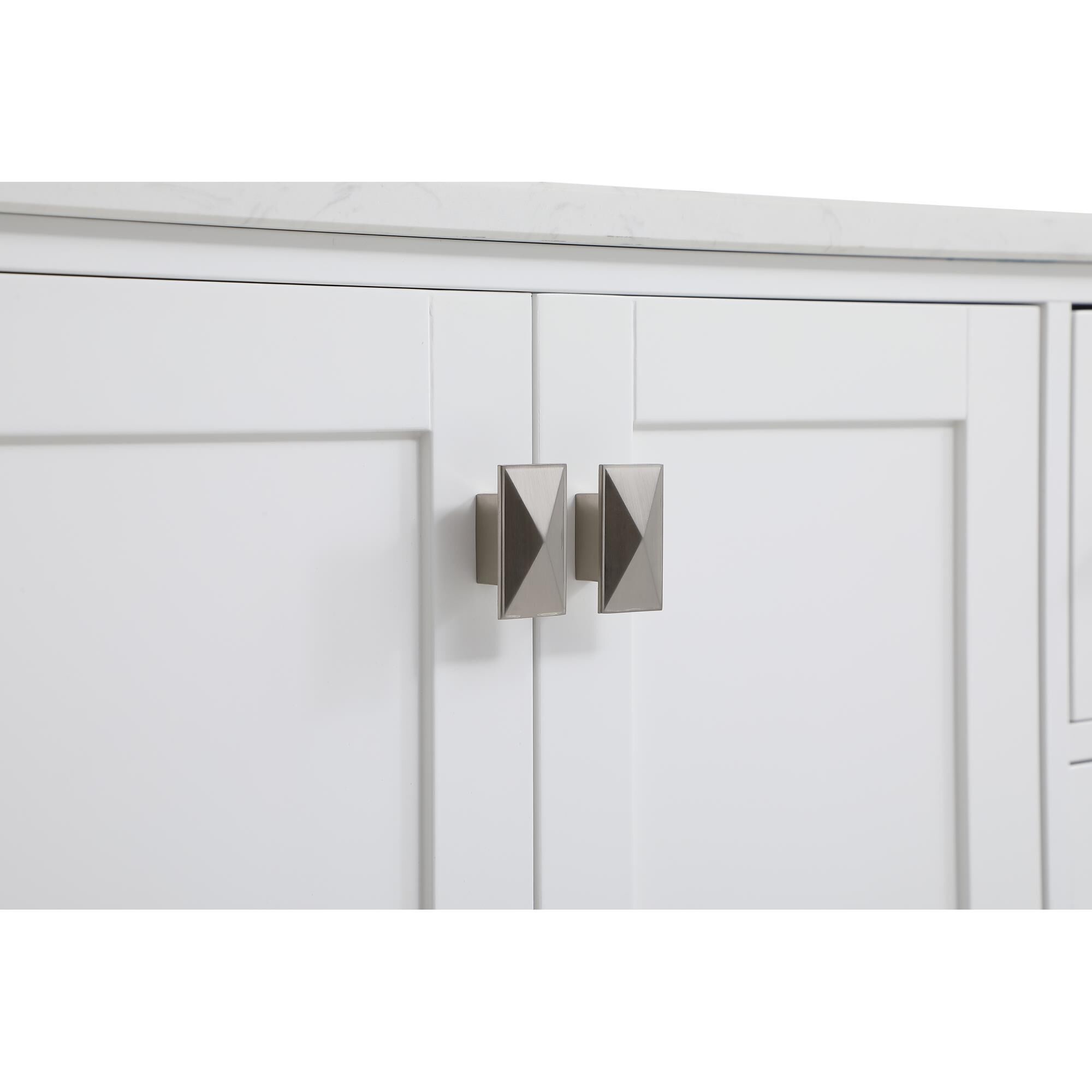 Shown in White And Brushed Nickel With Calacatta Quartz finish