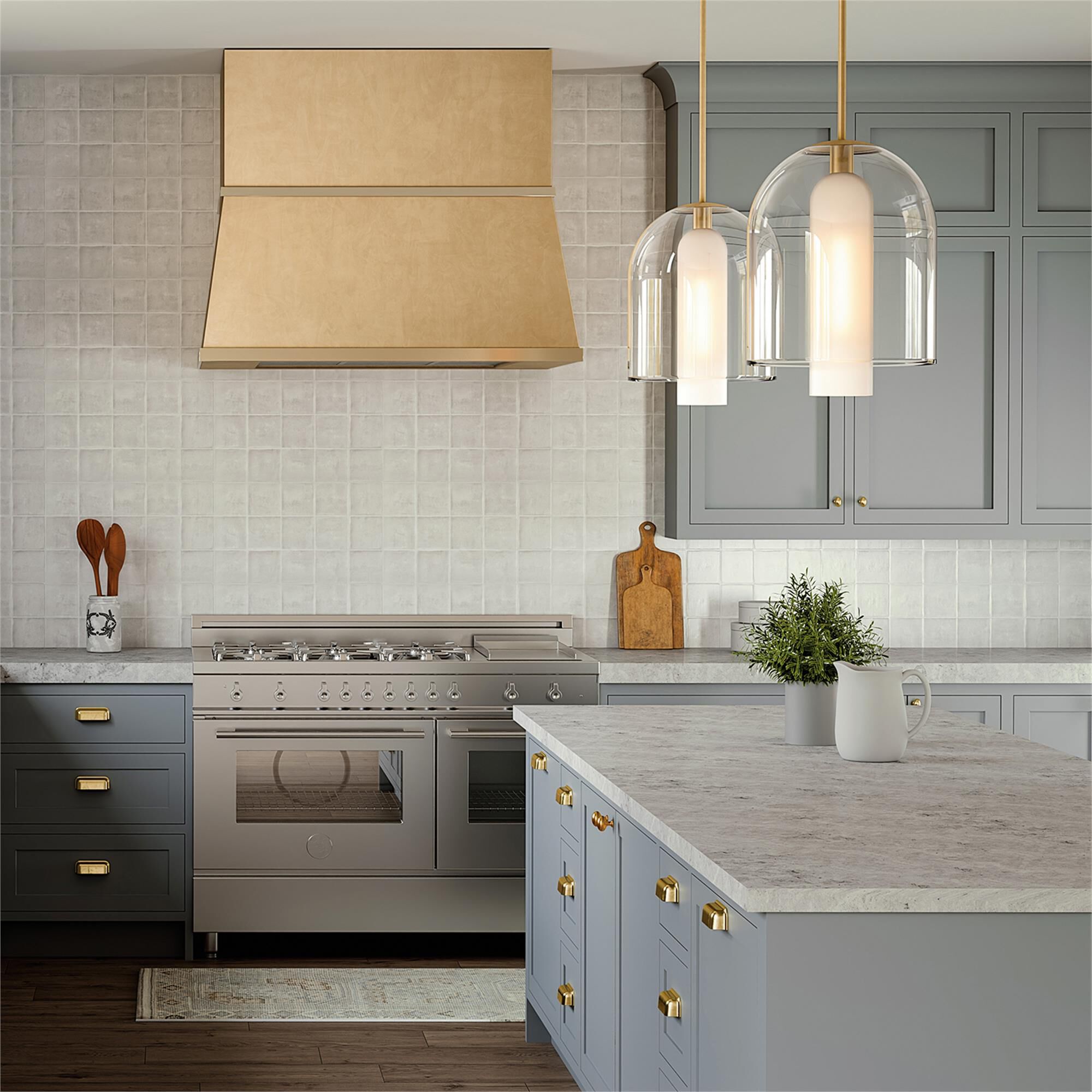 Shown in Aged Brass finish and Clear and Faux Alabaster glass