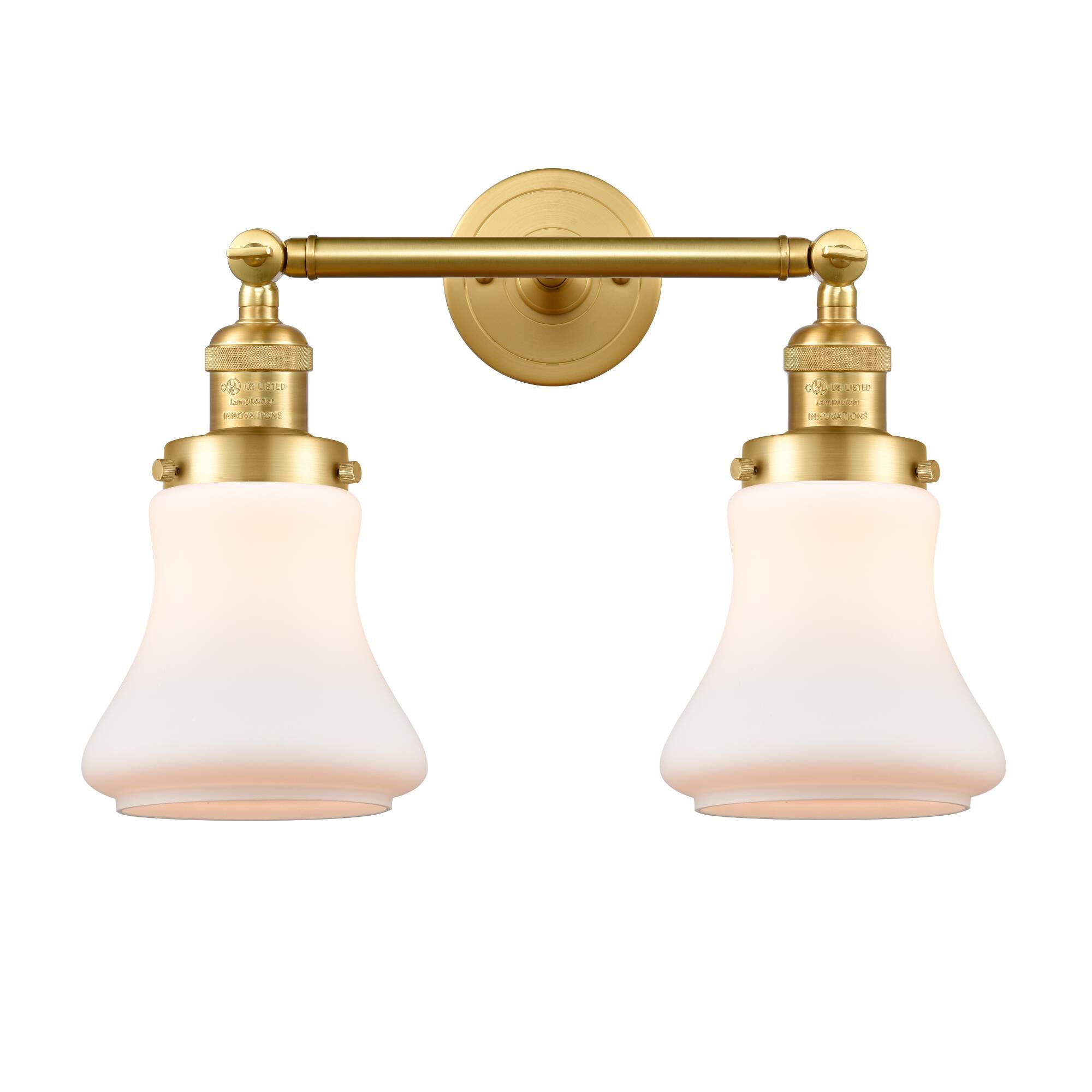 Shown in Satin Gold finish and Matte White Bellmont glass