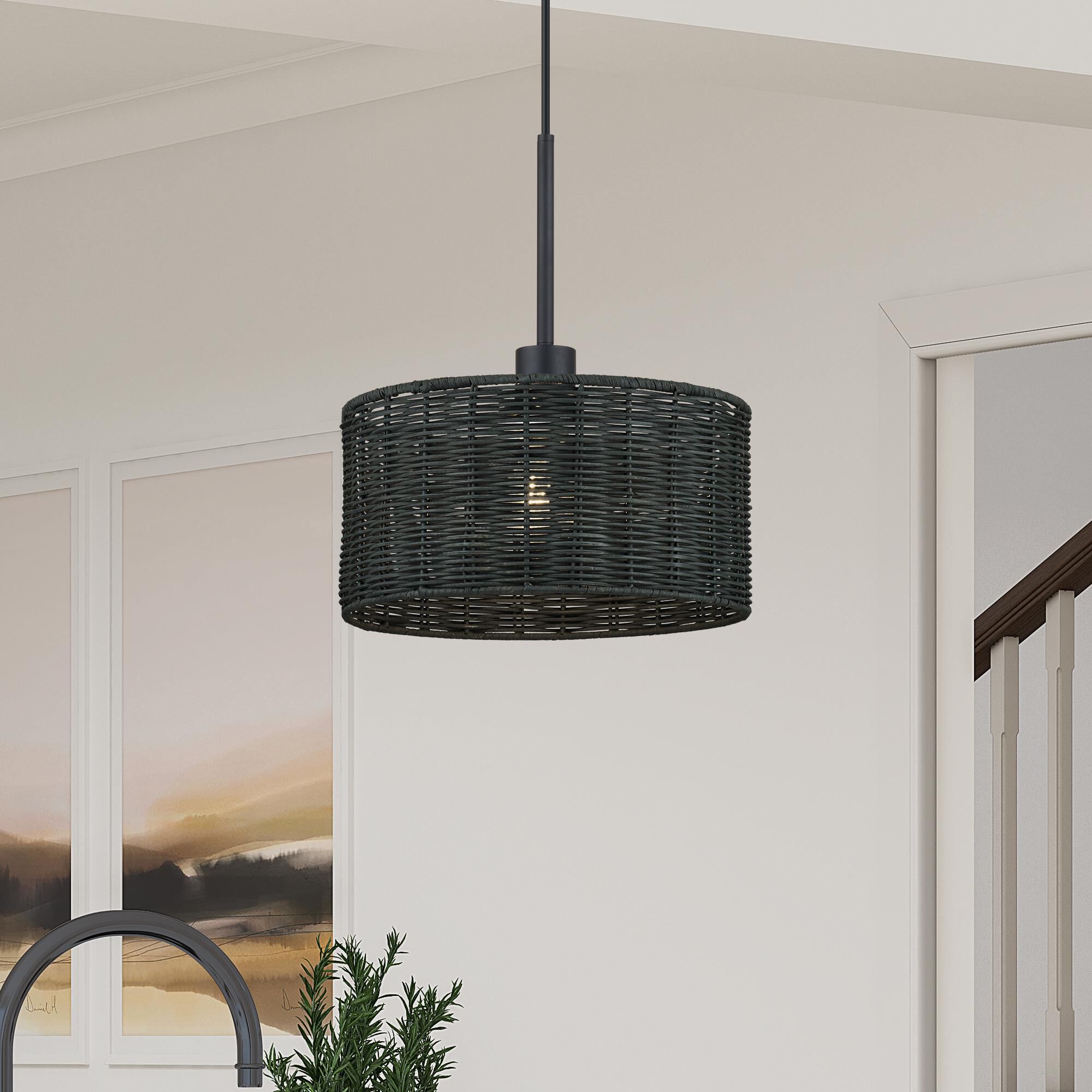 Shown in Black finish and Hand-Woven Charred Gray Color Rattan shade