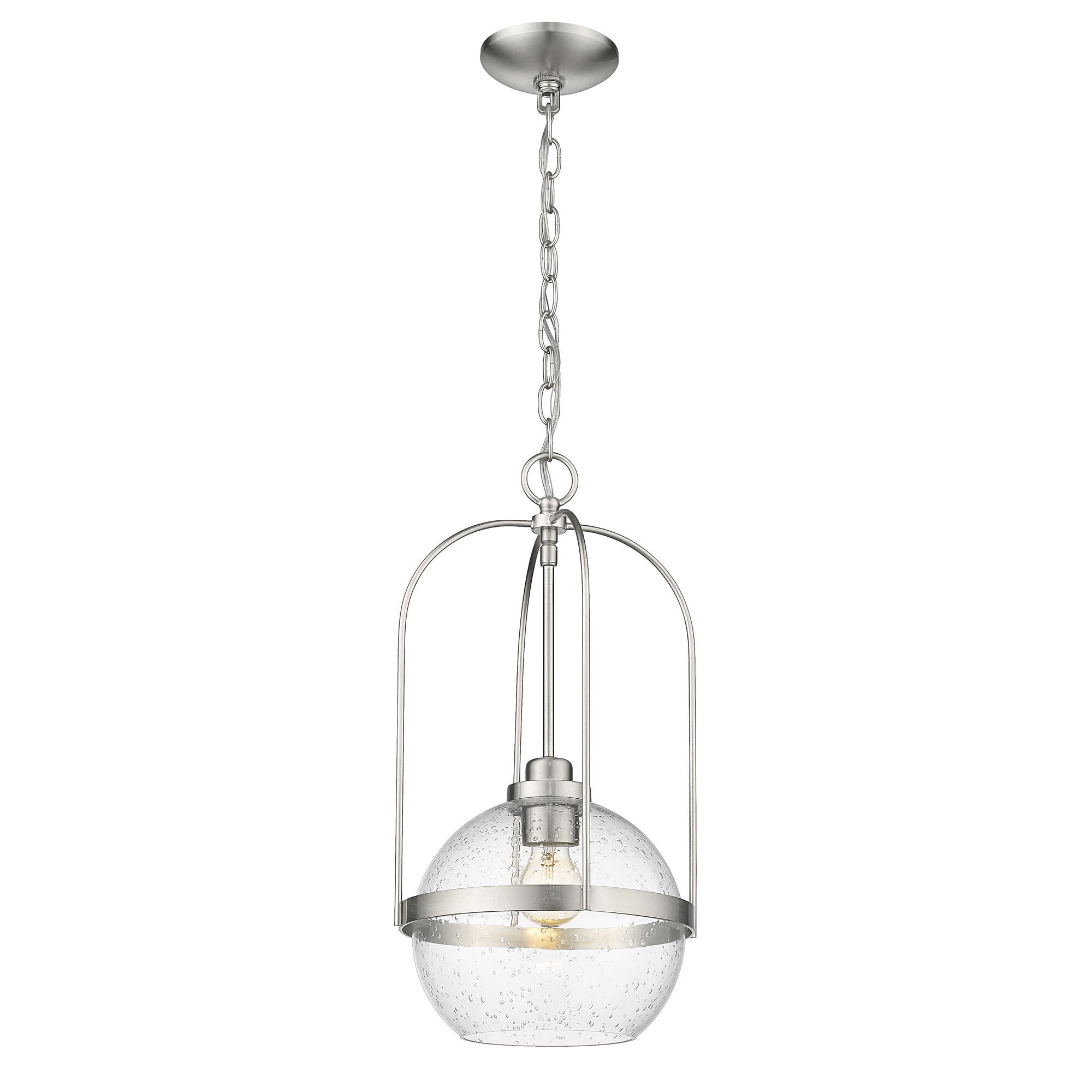 Shown in Brushed Nickel finish and Clear Seeded glass